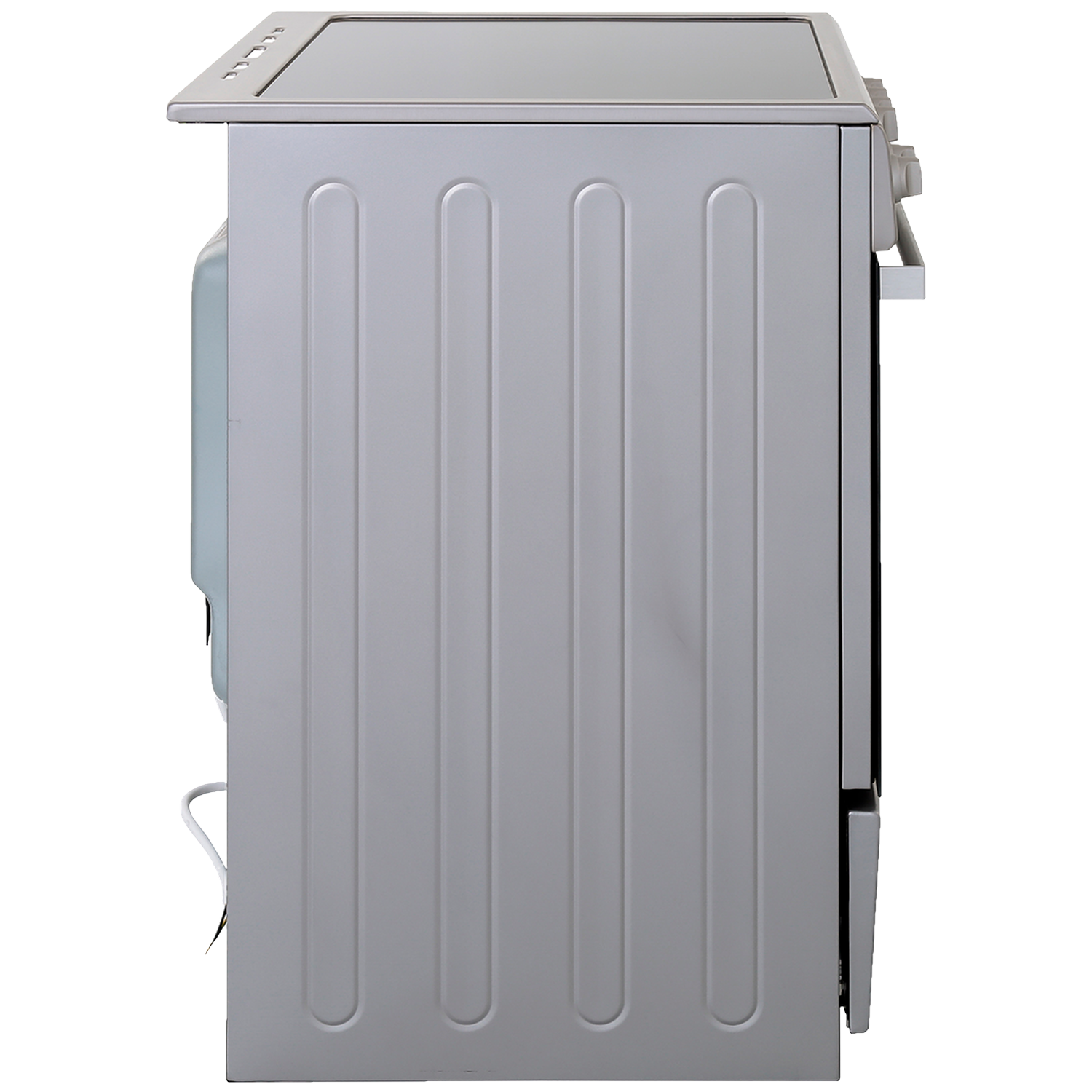 Silver stove from the side, with ribbed side panel and hob on top.