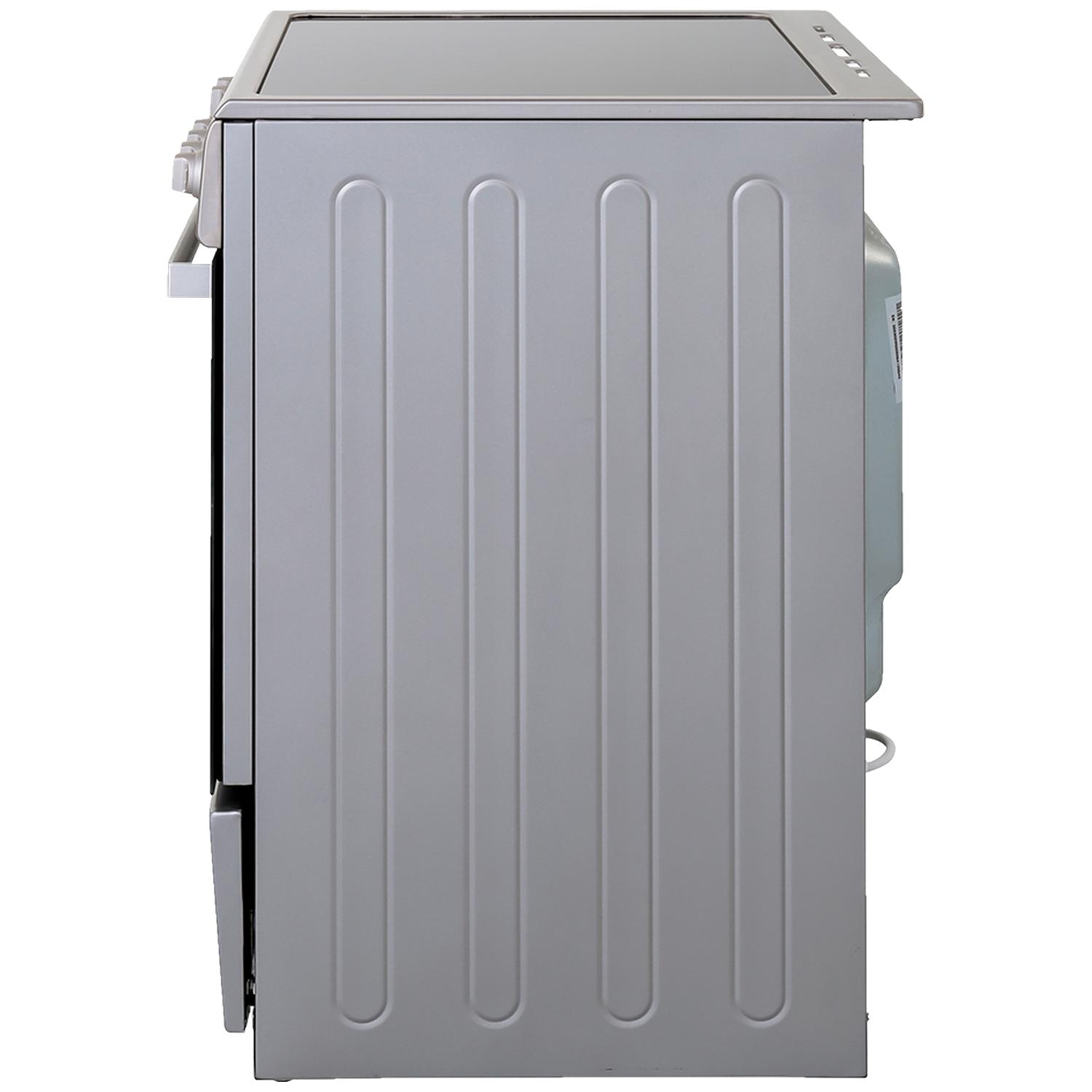Side view of a silver oven with ribbed sides and a black top surface.