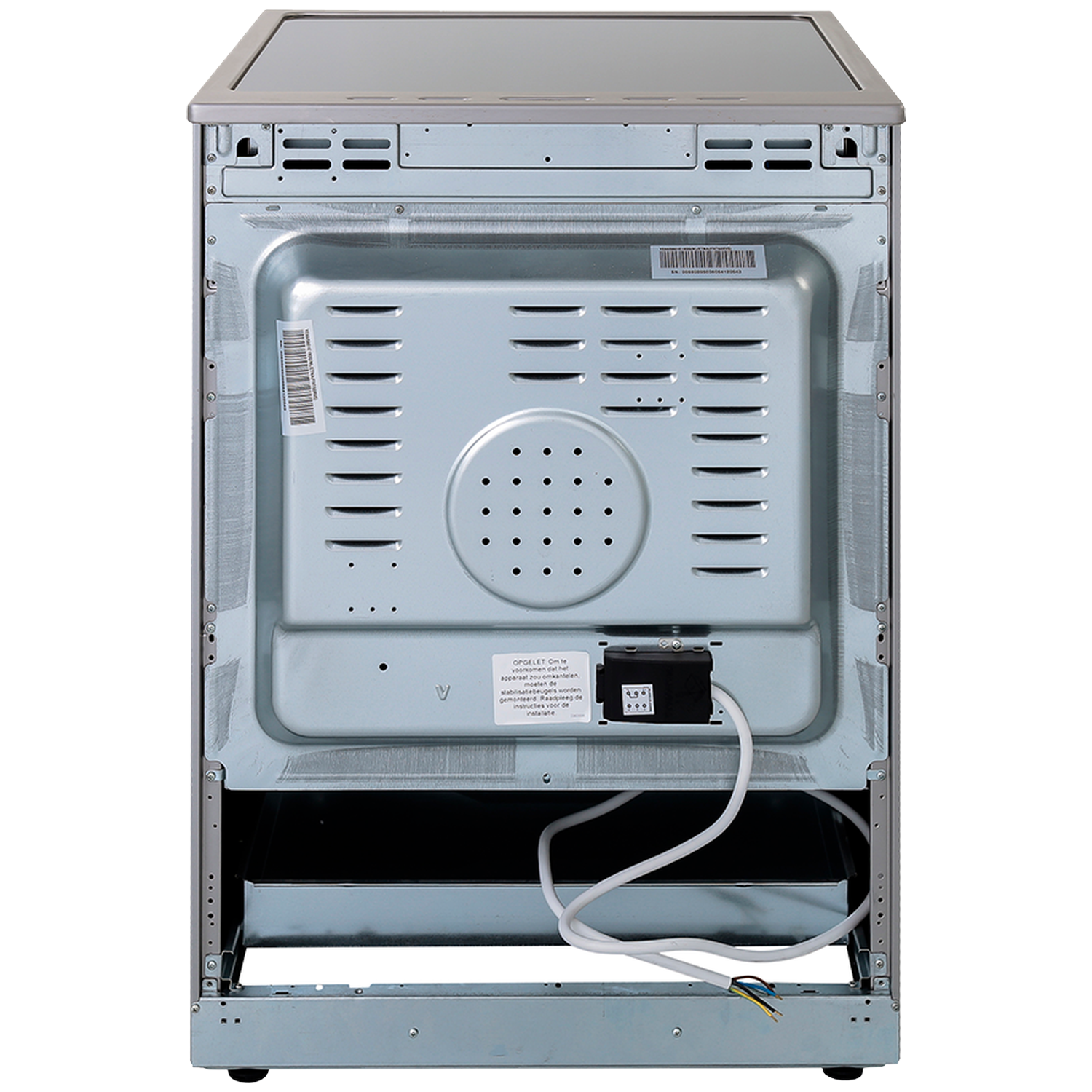 Back of a stove with visible vents and wiring cables.