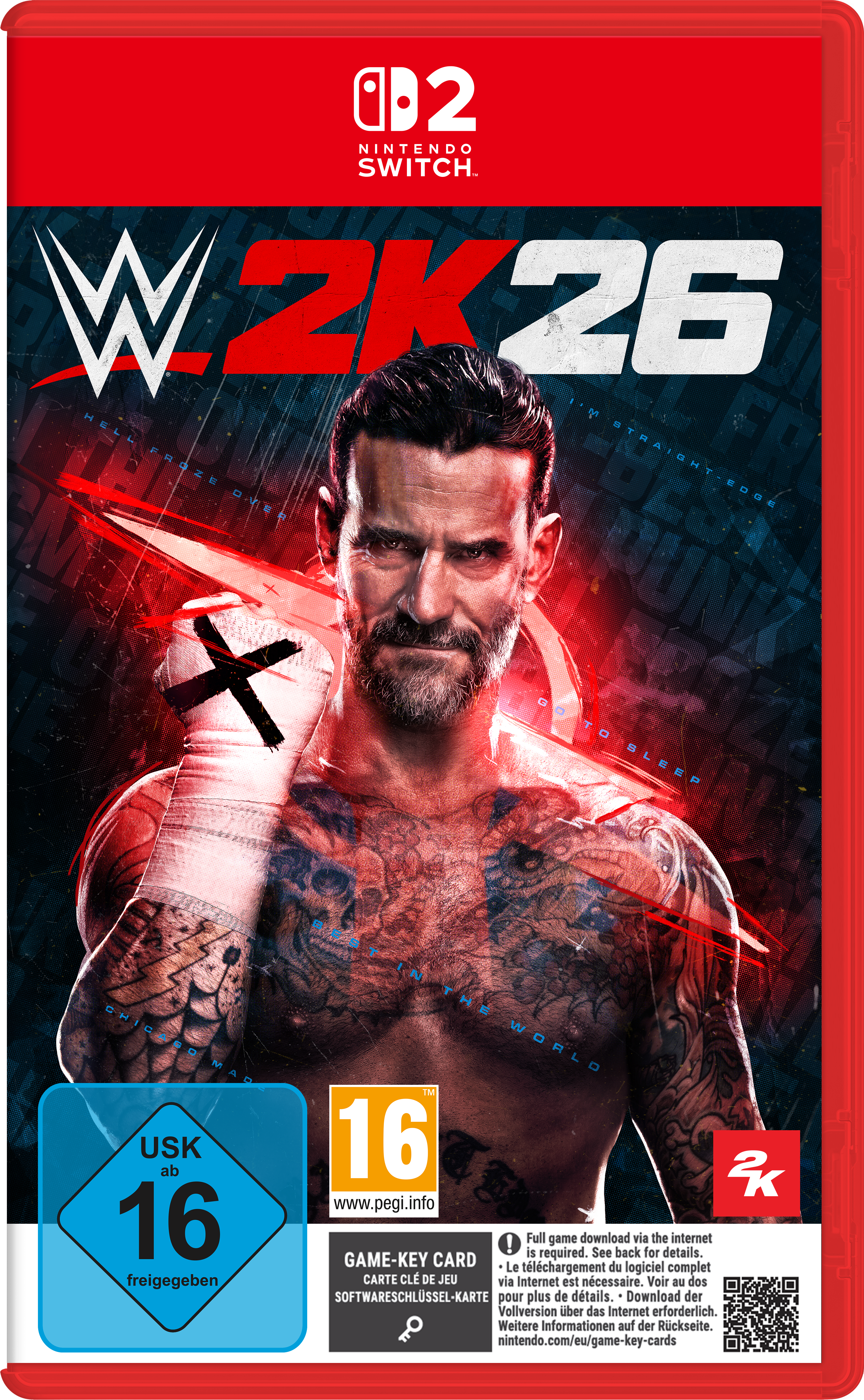 WWE 2K26 Nintendo Switch Hülle mit CM Punk im Vordergrund und USK 16 Siegel.