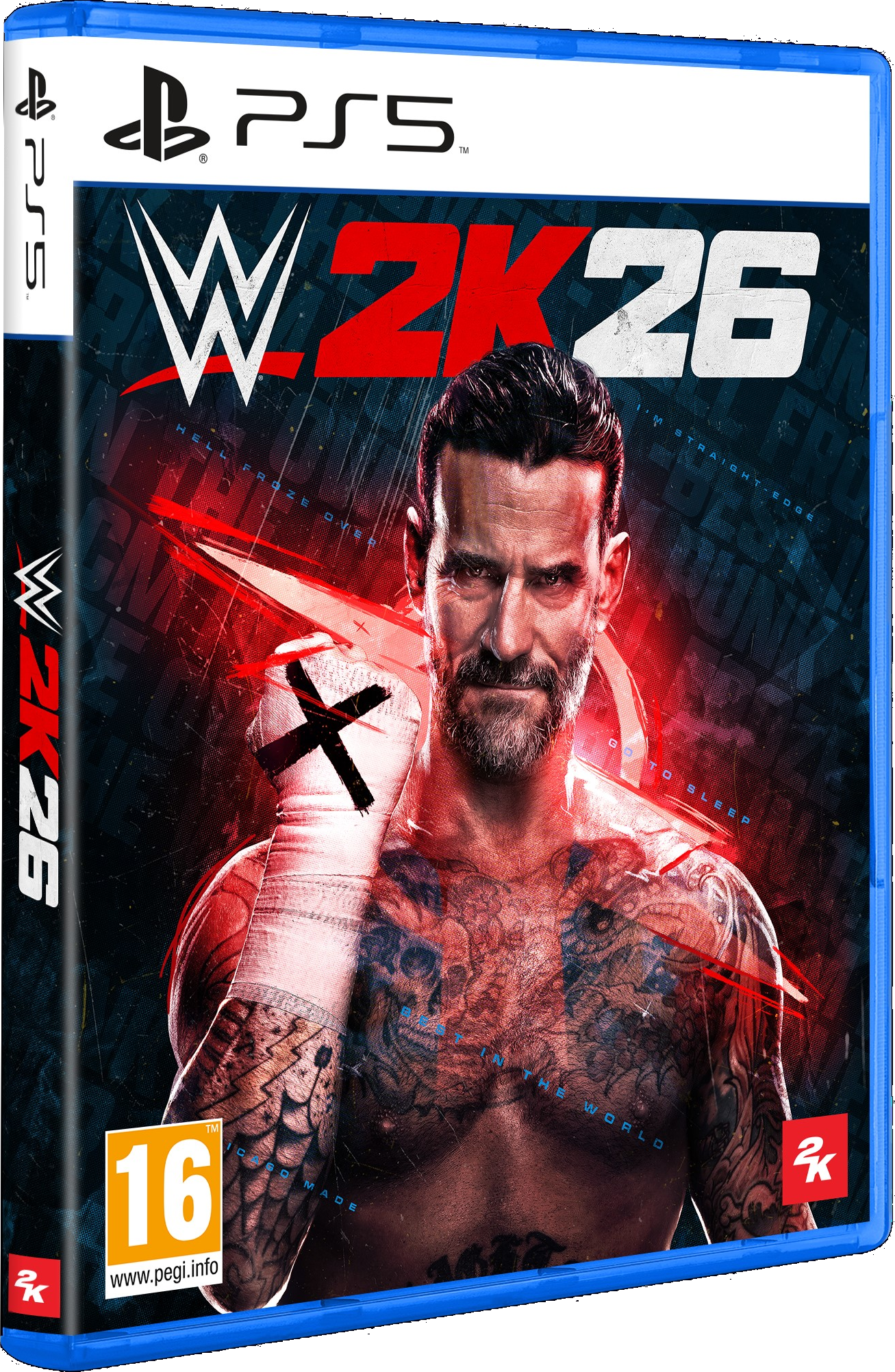 WWE 2K26 PS5 Hülle mit CM Punk im Vordergrund, rotem Hintergrund.