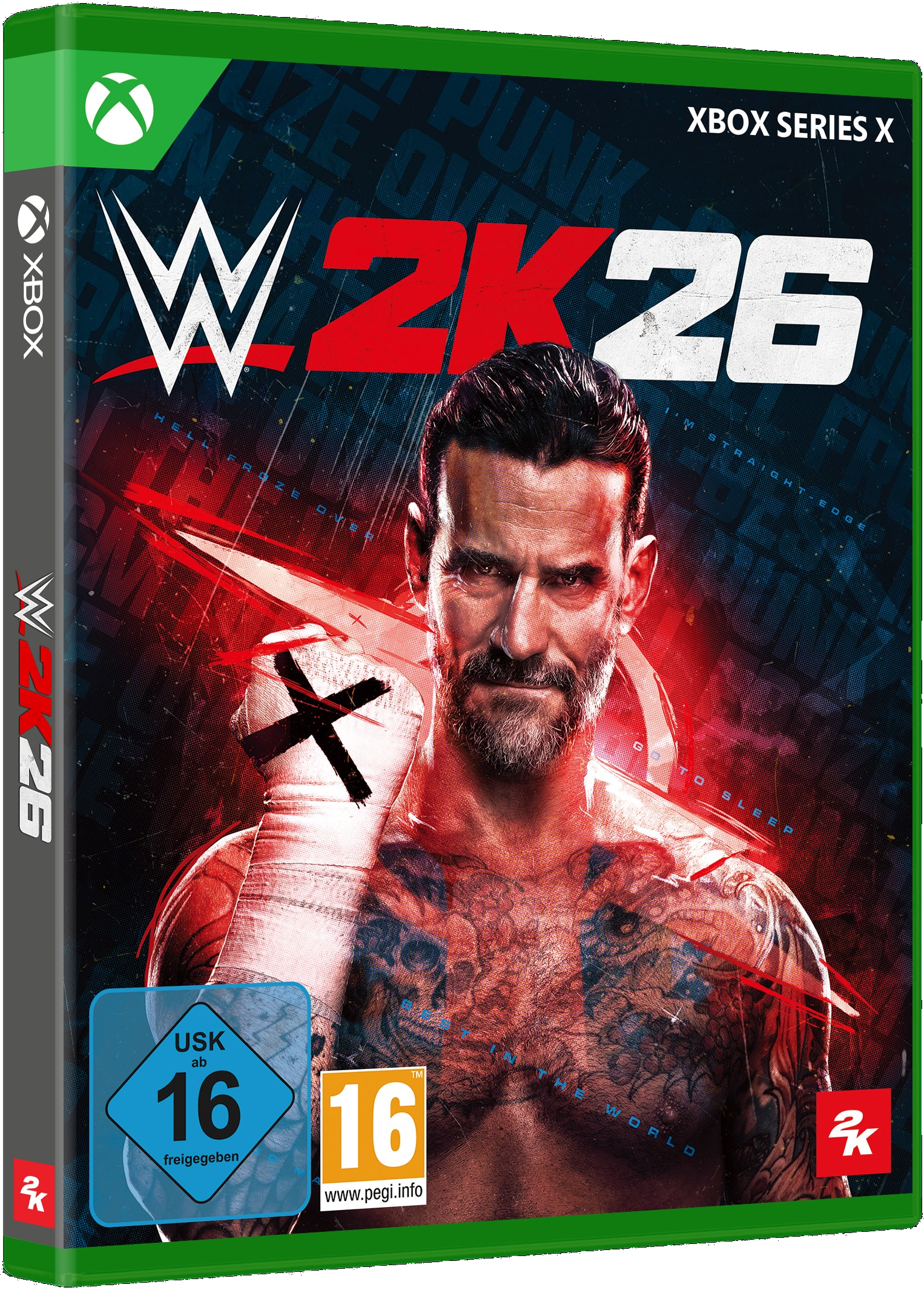 WWE 2K26 Xbox Series X Hülle mit CM Punk, USK 16 und PEGI 16.