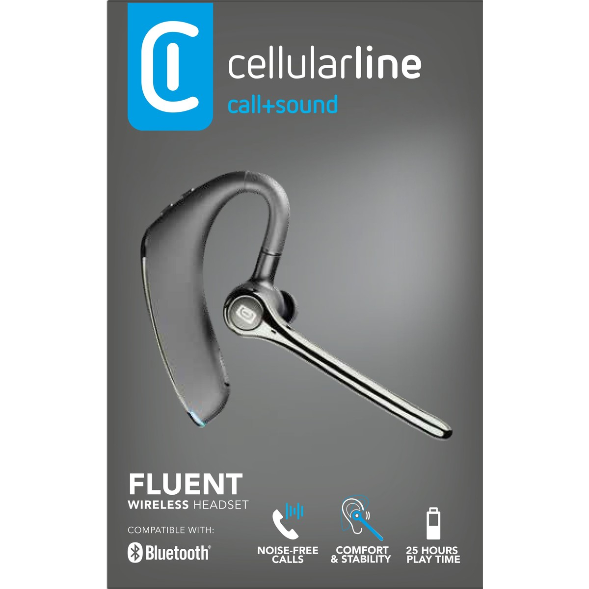 Un auricular Bluetooth negro de Cellularline con detalles plateados sobre fondo gris.