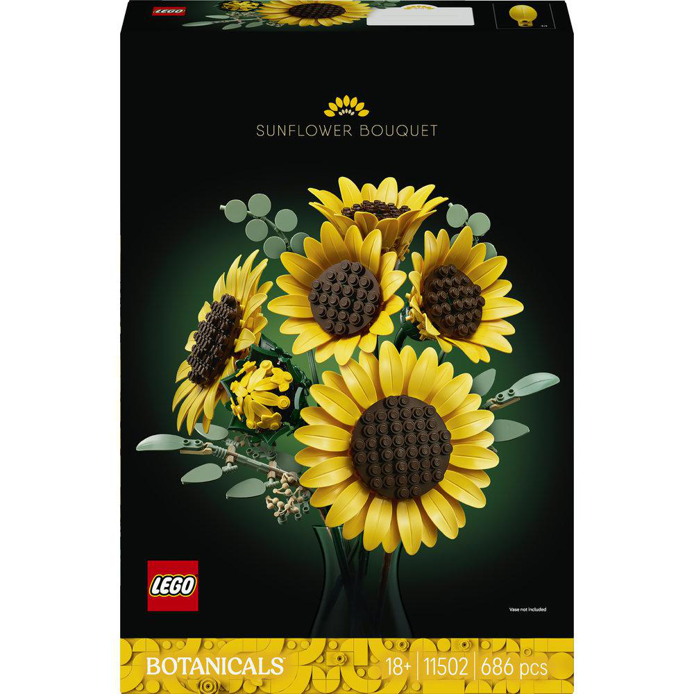 LEGO Sonnenblumen-Strauß-Set auf schwarzem Karton mit Sonnenblumen und grünen Blättern in einer Vase.