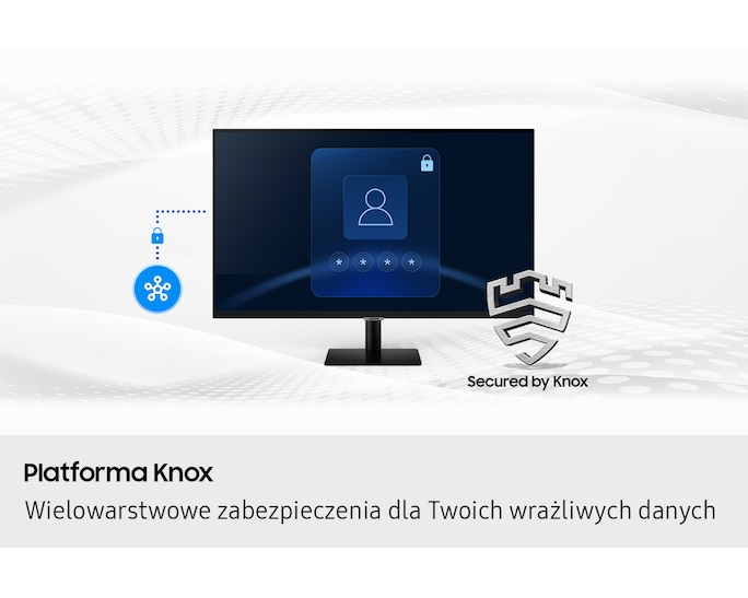 Monitor pokazuje ekran logowania z ikoną kłódki. Obok tarcza z napisem 'Secured by Knox'.