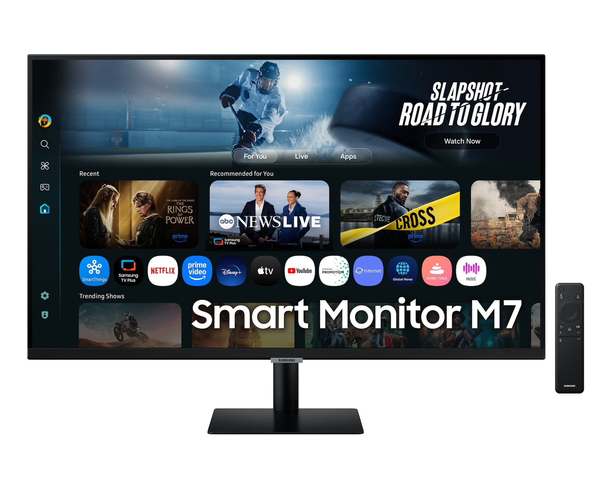Samsung Smart Monitor M7 z pilotem, wyświetlający aplikacje.