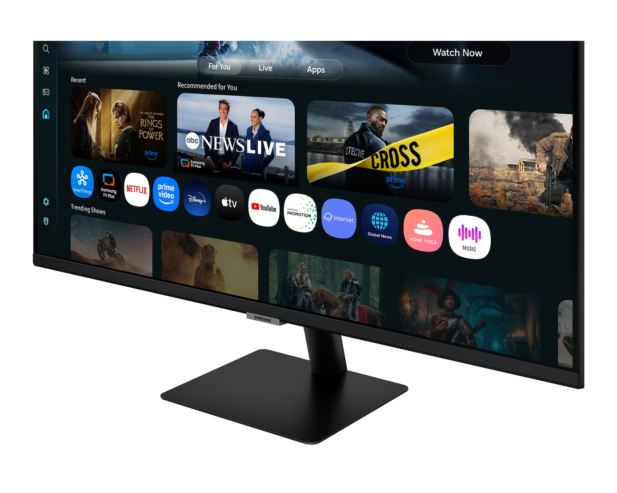 Ekran telewizora Samsung Smart TV wyświetla interfejs z różnymi aplikacjami i treściami.
