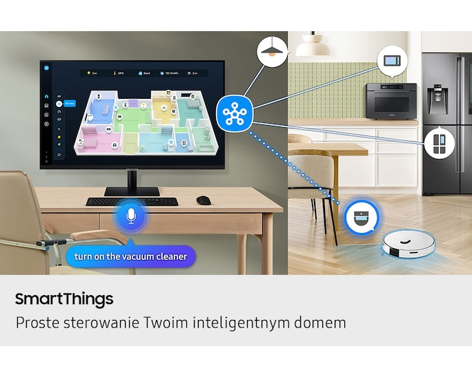 Sterowanie smart home: plan mieszkania na monitorze, kuchnia z urządzeniami, robot sprzątający.