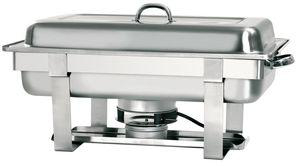 Ein silberner Chafing Dish mit Deckel und Griffen auf einem Metallgestell.