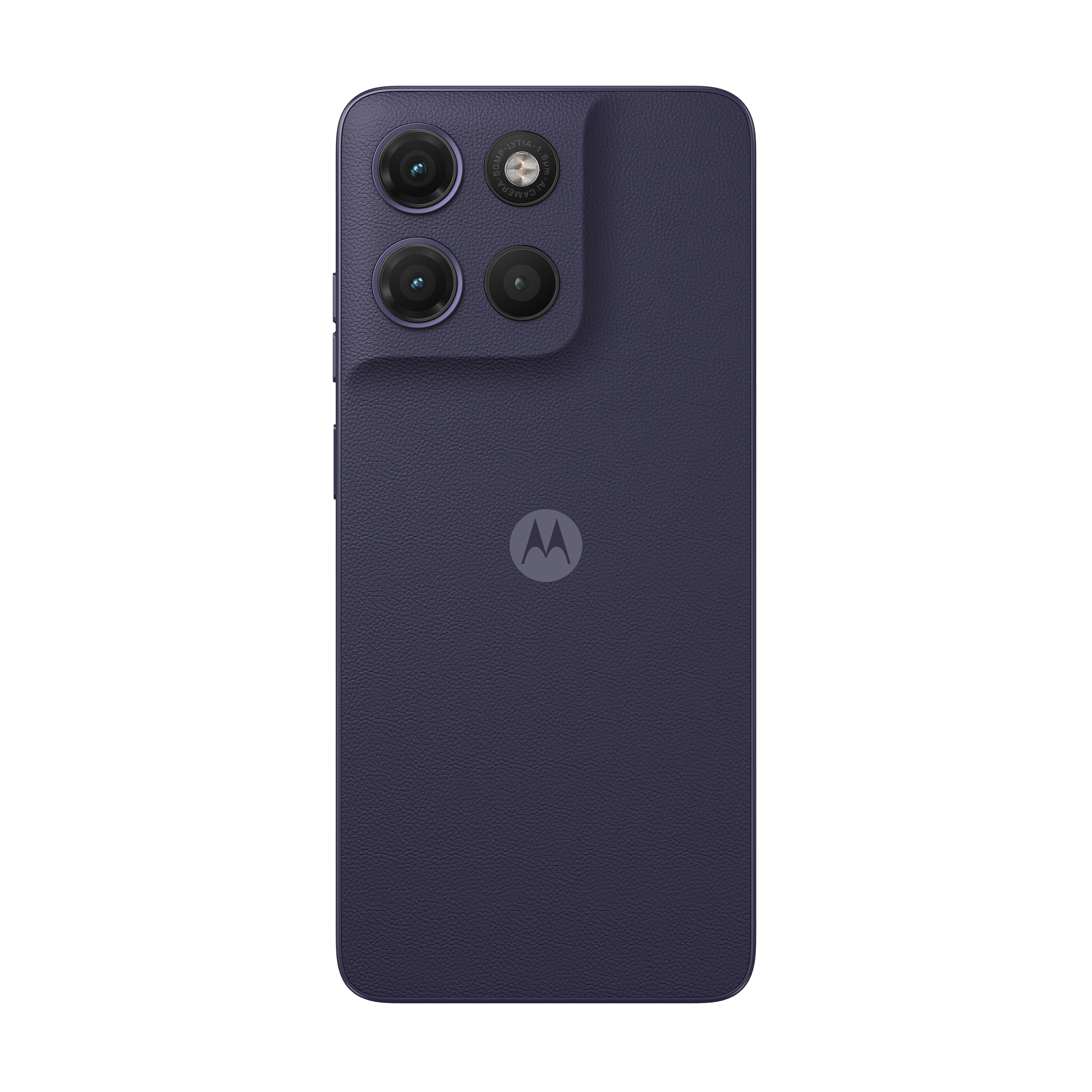Rückseite eines dunkelblauen Motorola-Smartphones mit drei Kameras und einem Logo.