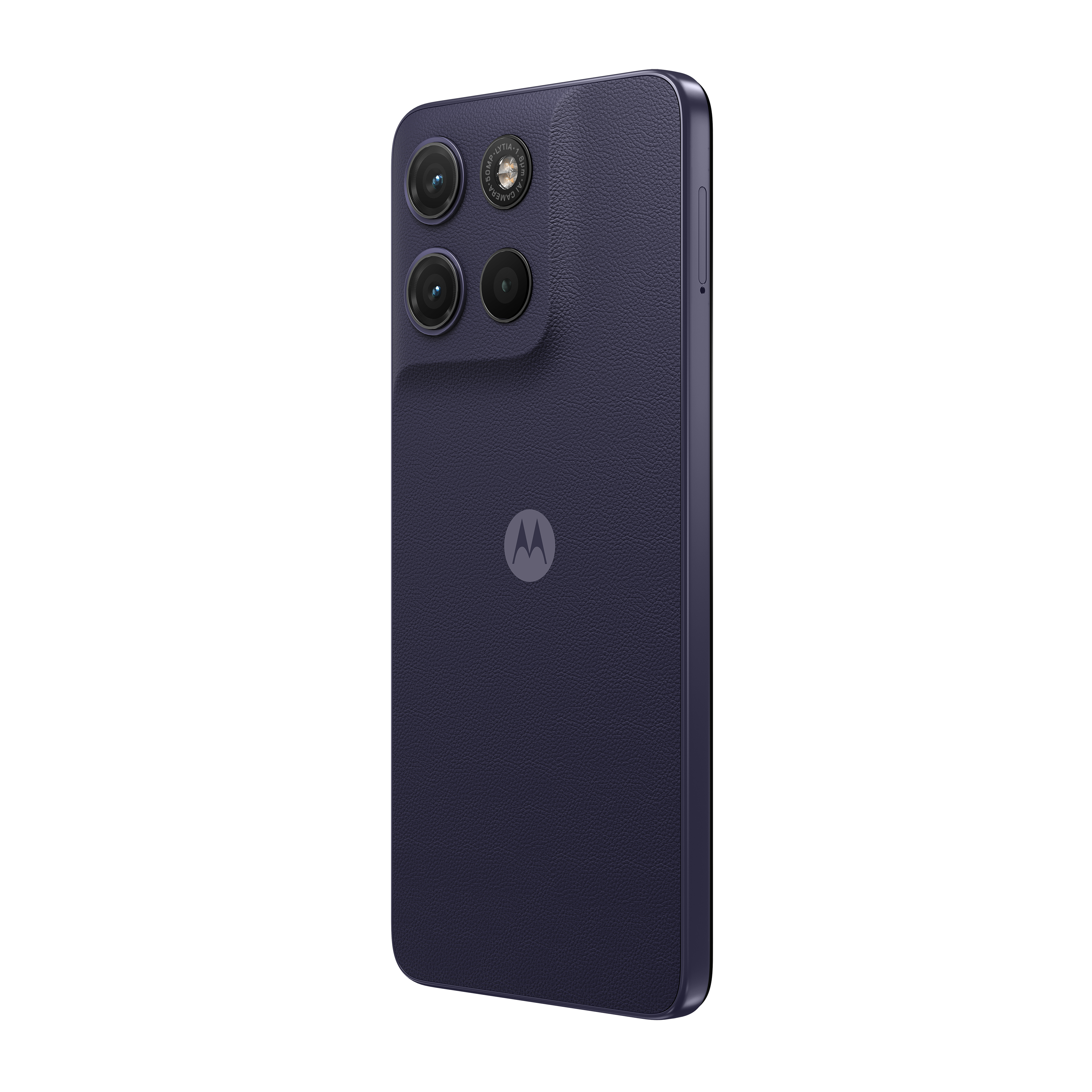 Dunkelblaues Smartphone mit drei Kameras und Motorola-Logo.