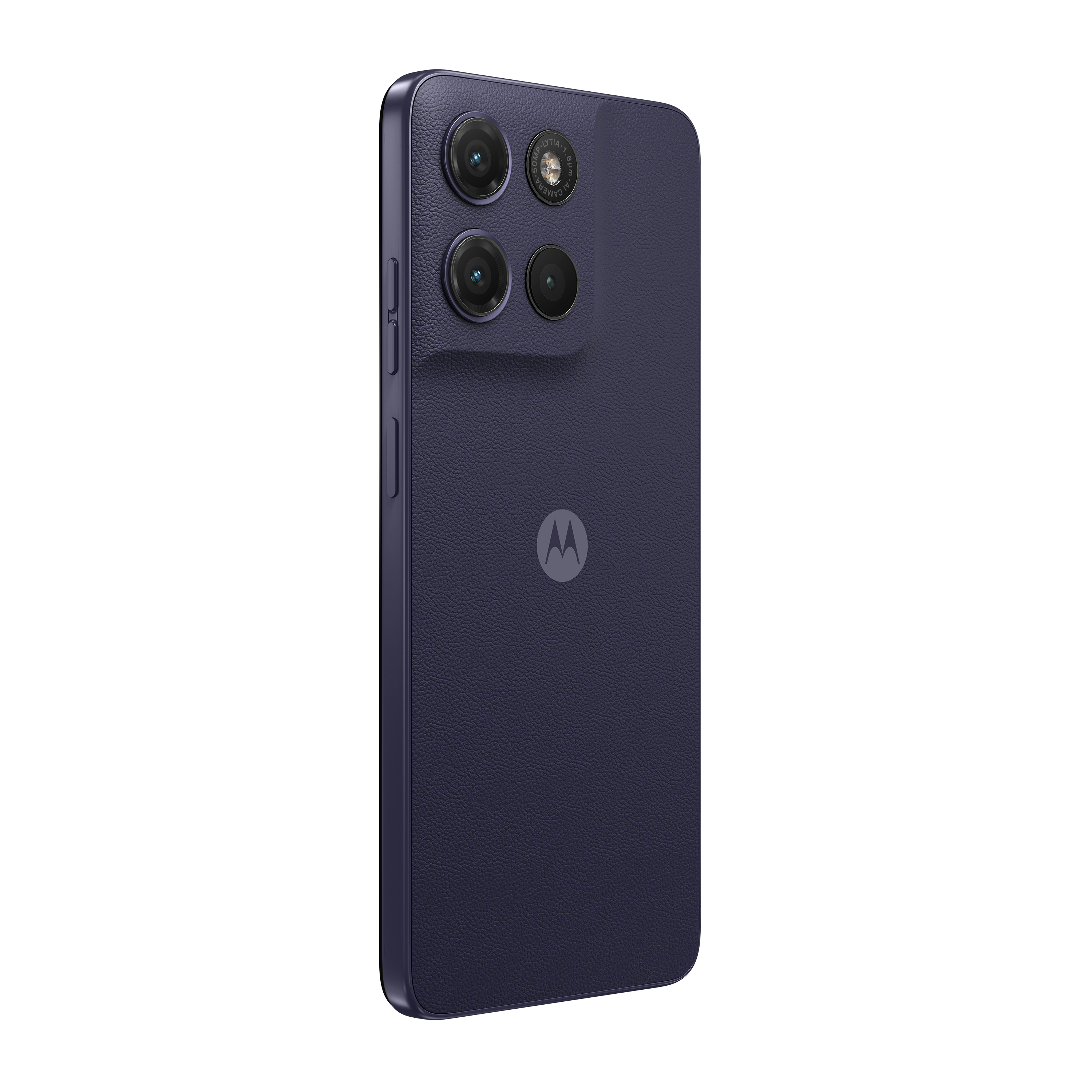 Dunkelblaues Smartphone mit drei Kameras und Motorola-Logo.