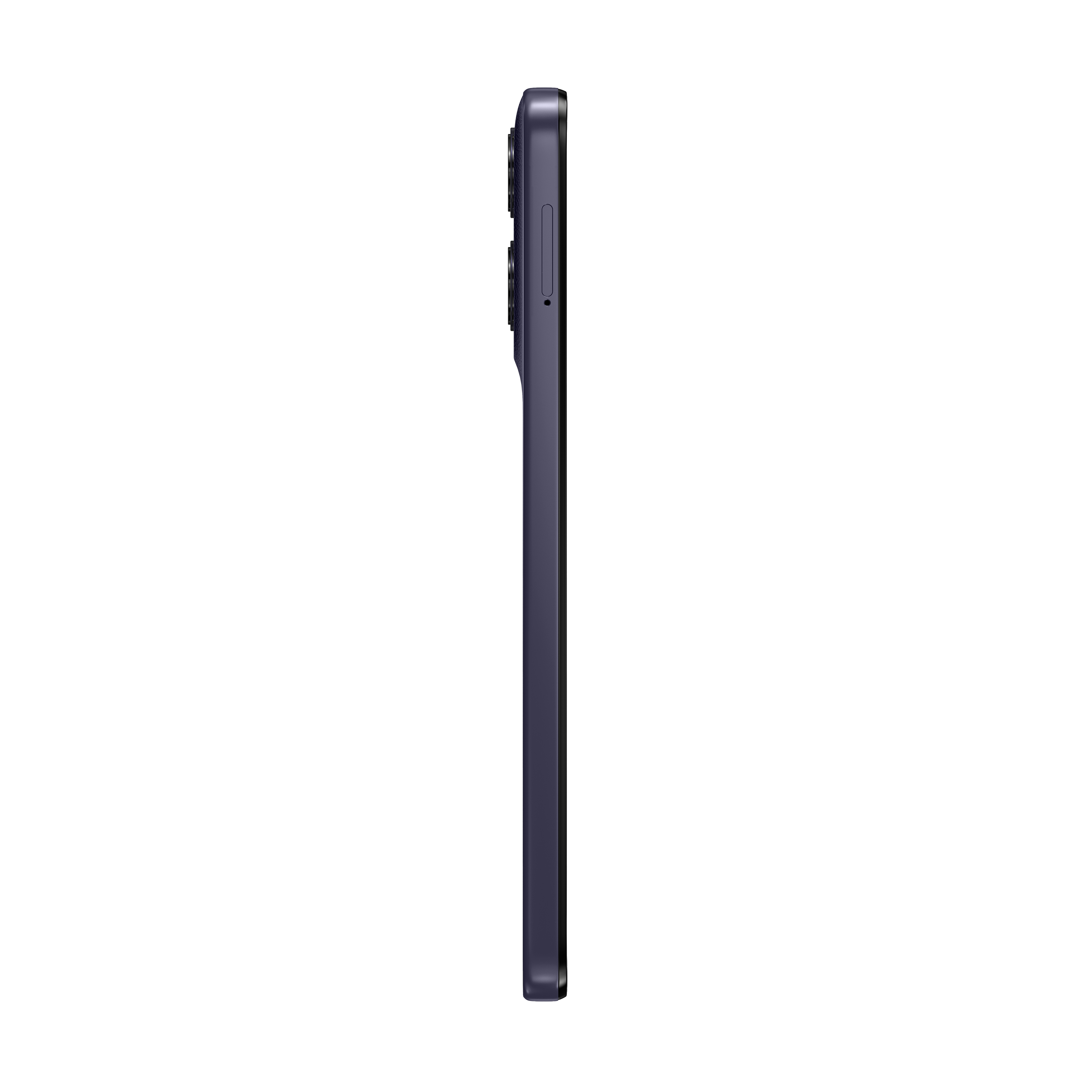 Dunkelblaues Smartphone von der Seite mit sichtbaren Kameras und Knöpfen.