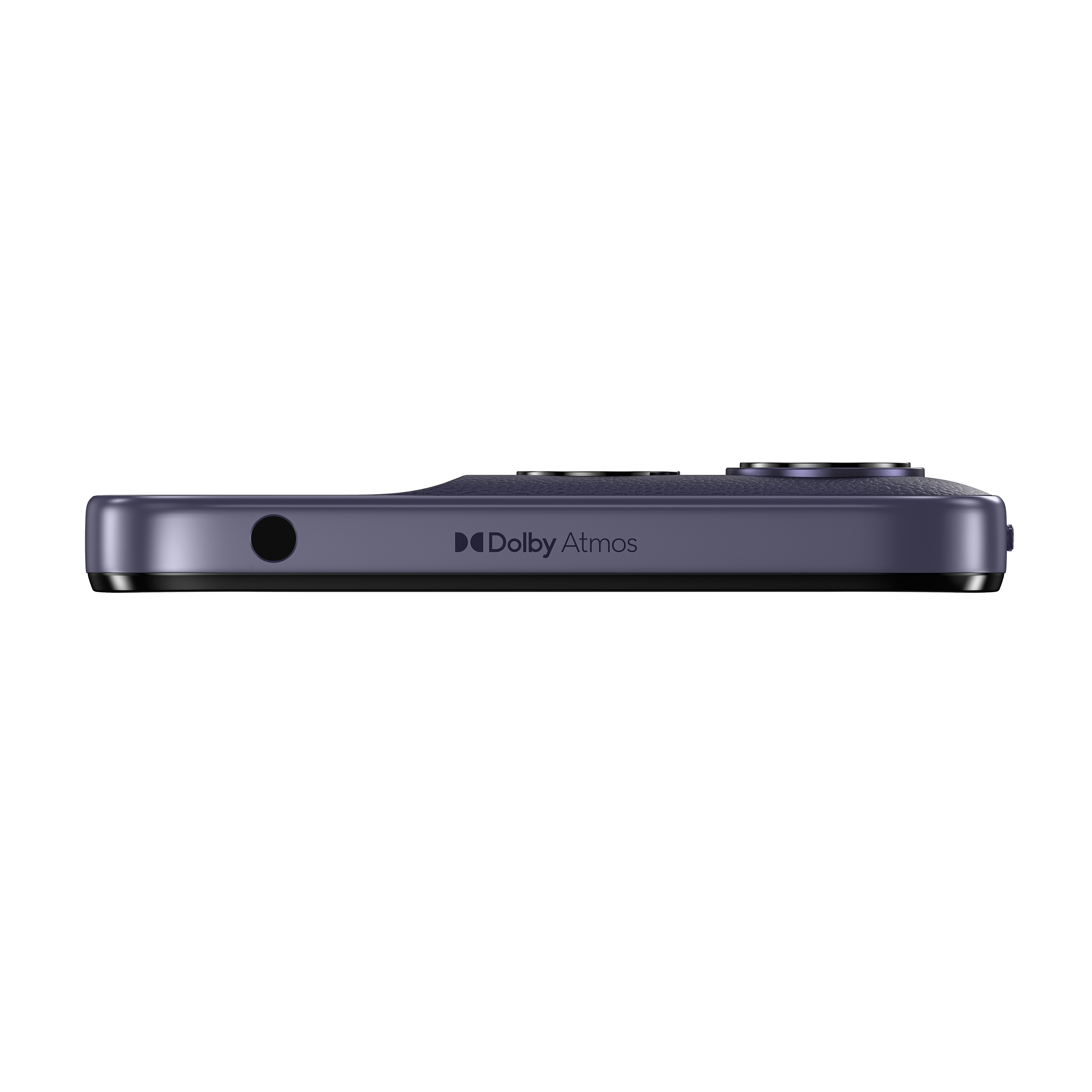 Dunkelblaues Smartphone mit 3,5-mm-Anschluss und Dolby Atmos Logo.