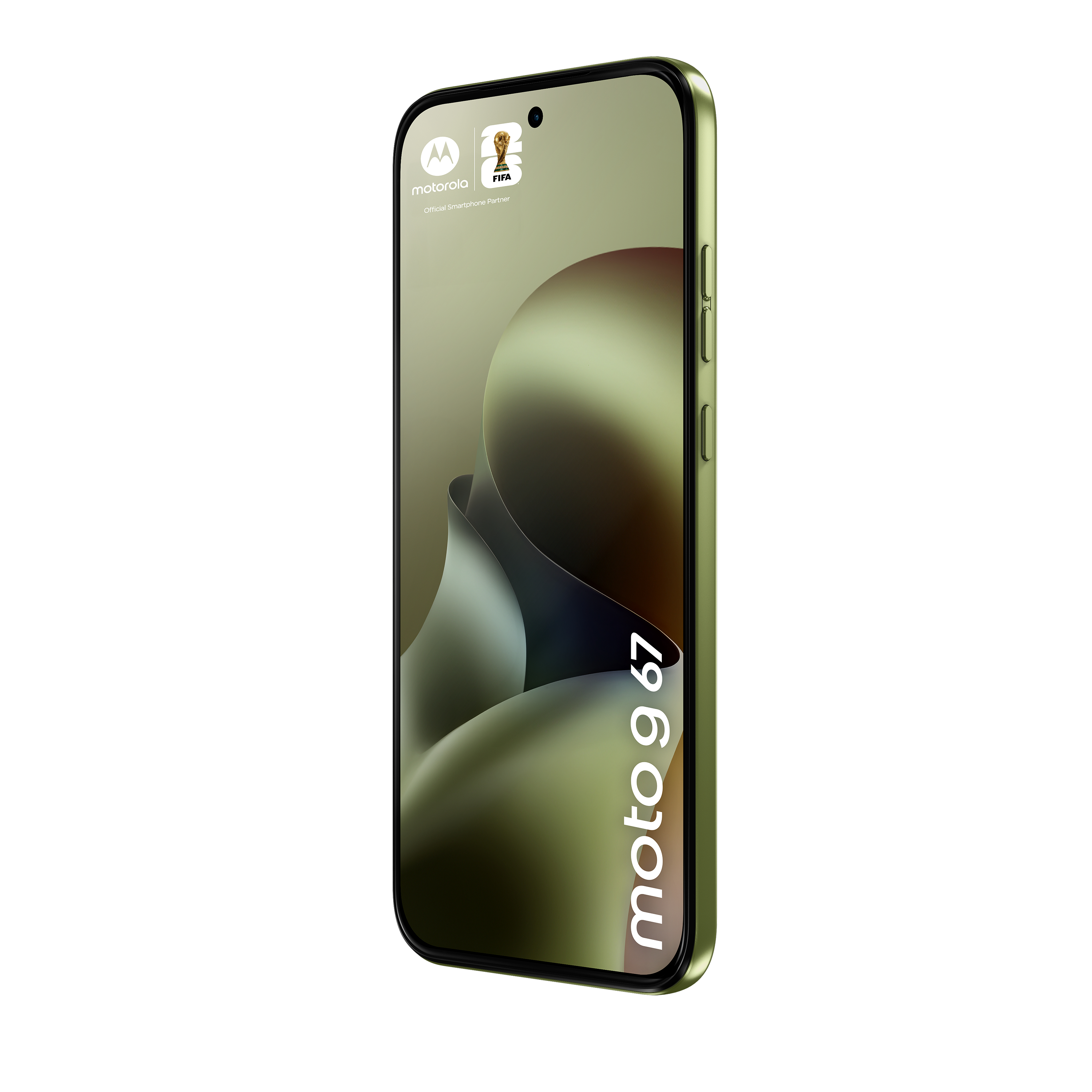 Ein grünes Motorola Moto G 67 Smartphone mit FIFA-Logo.