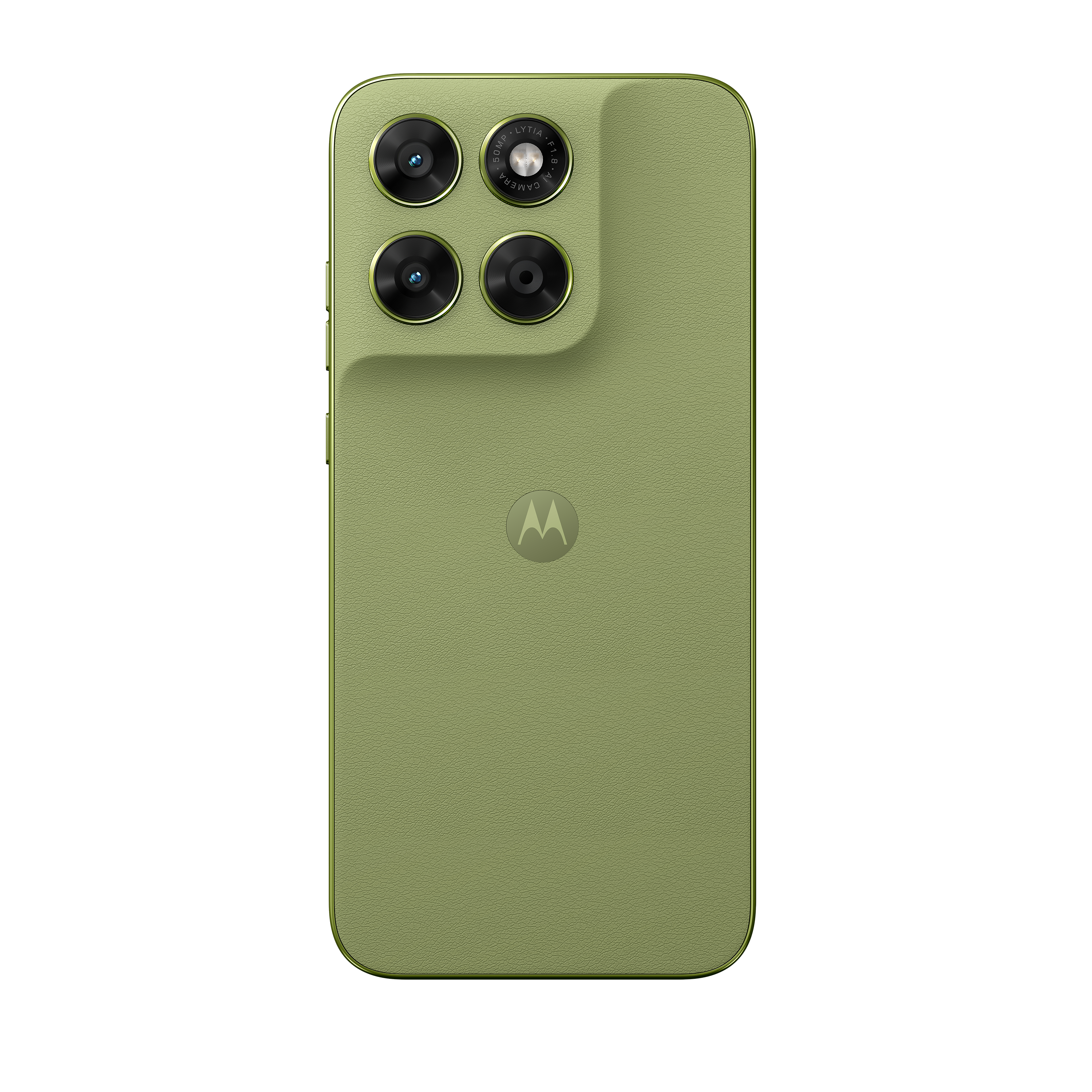 Ein grünes Motorola-Smartphone mit vier Kameras und einem Logo.