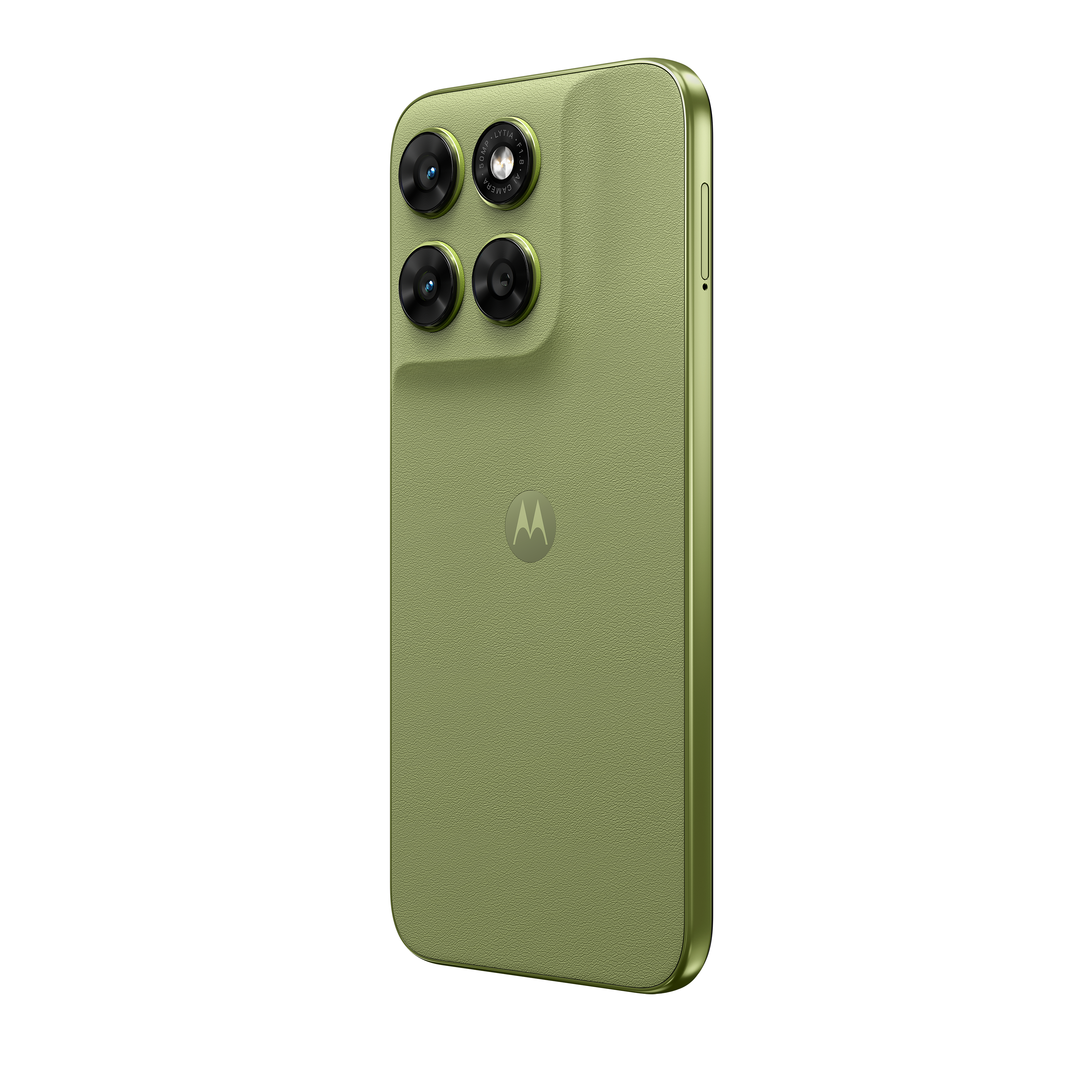 Grünes Smartphone mit vier Kameras und Motorola-Logo auf der Rückseite.