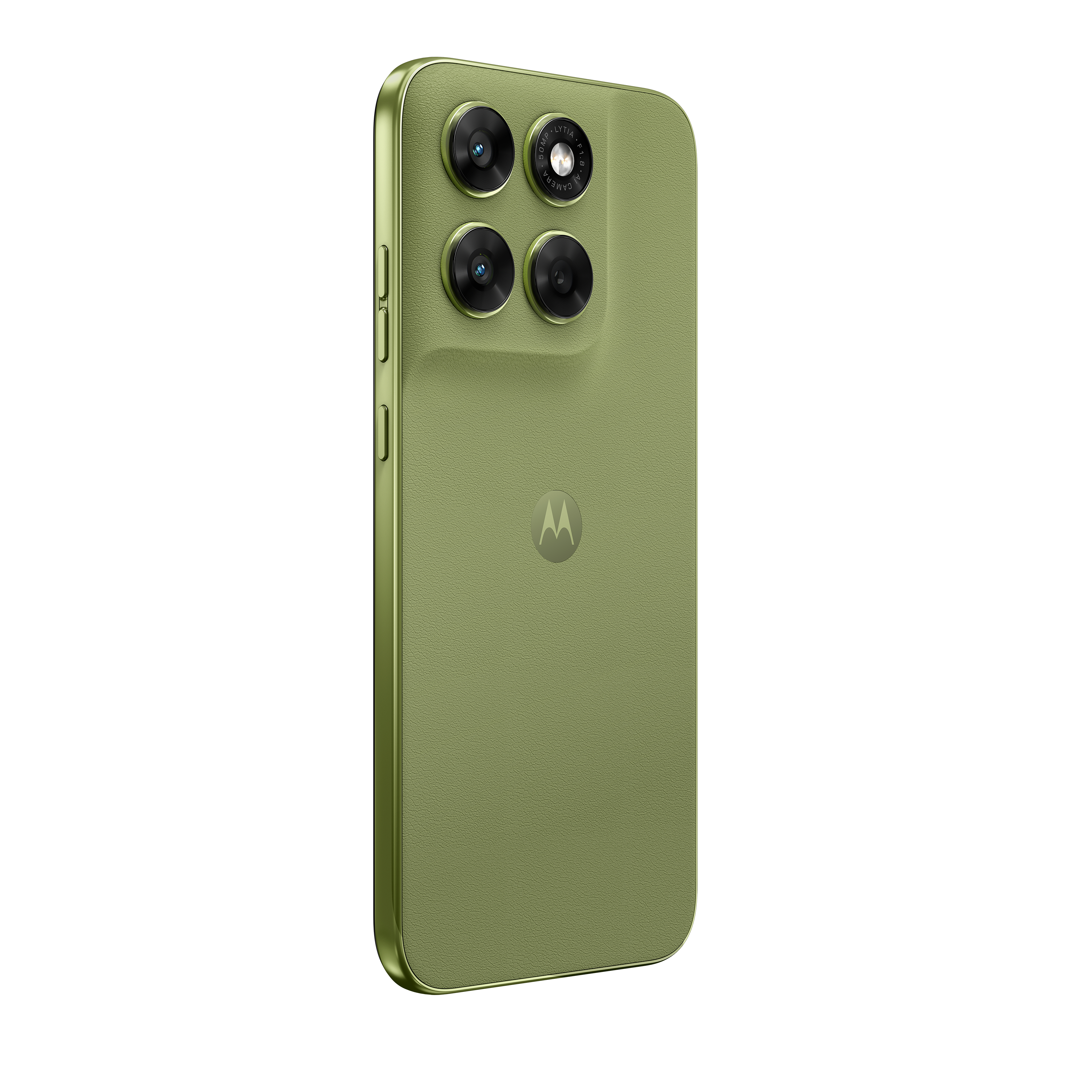 Rückseite eines grünen Smartphones mit vier Kameras und Motorola-Logo.