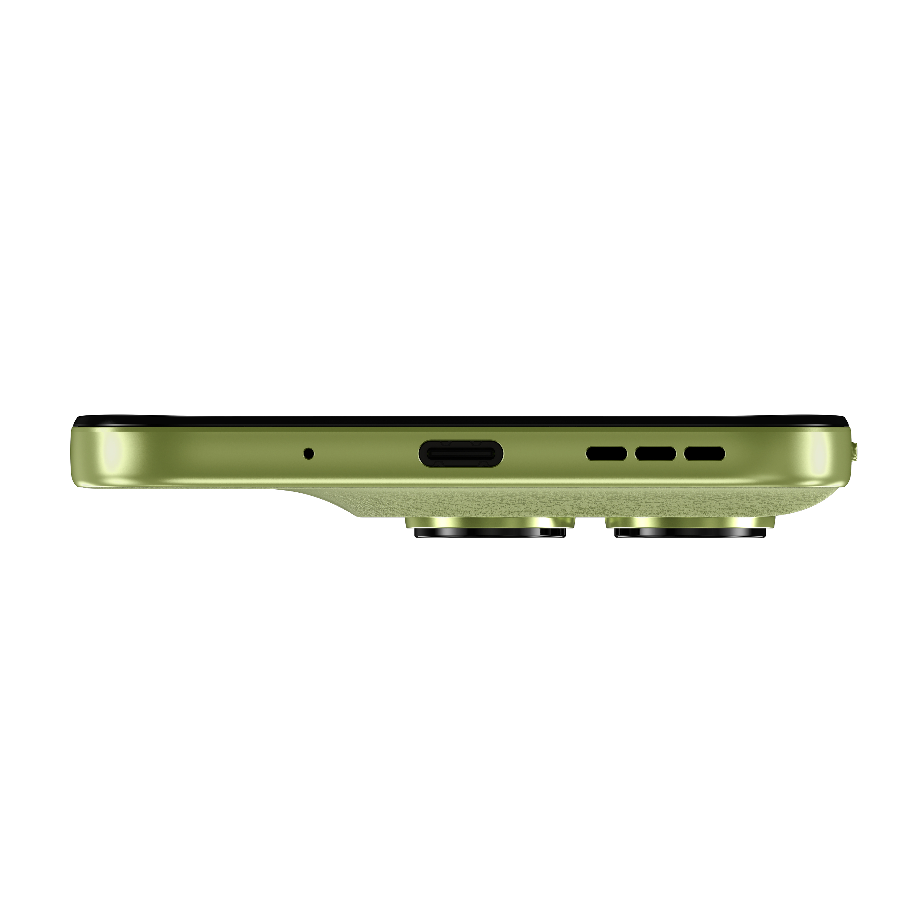 Grünes Smartphone mit zwei Kameralinsen und Ladeanschluss.
