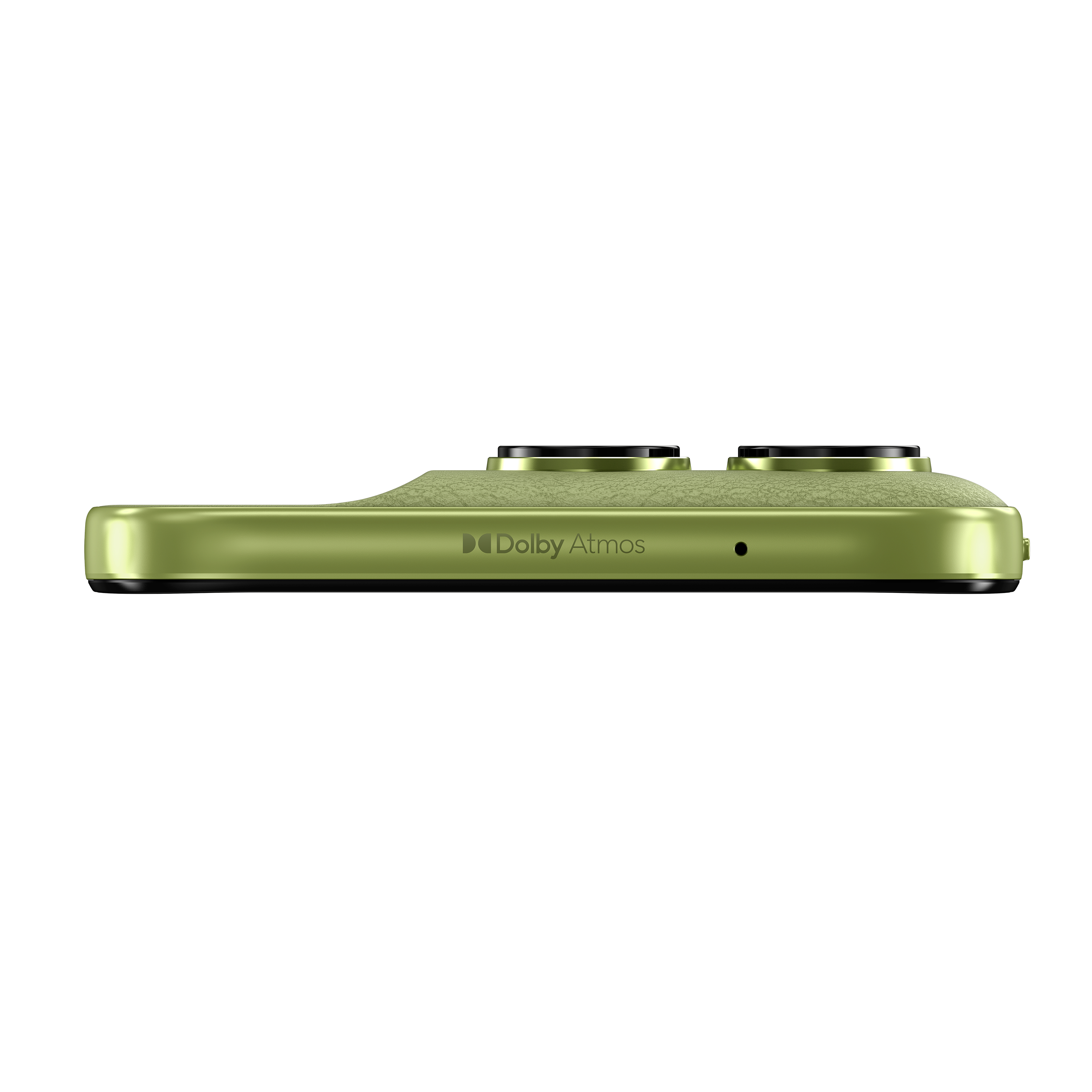 Grünes Smartphone mit Dolby Atmos-Logo und zwei Kameralinsen.