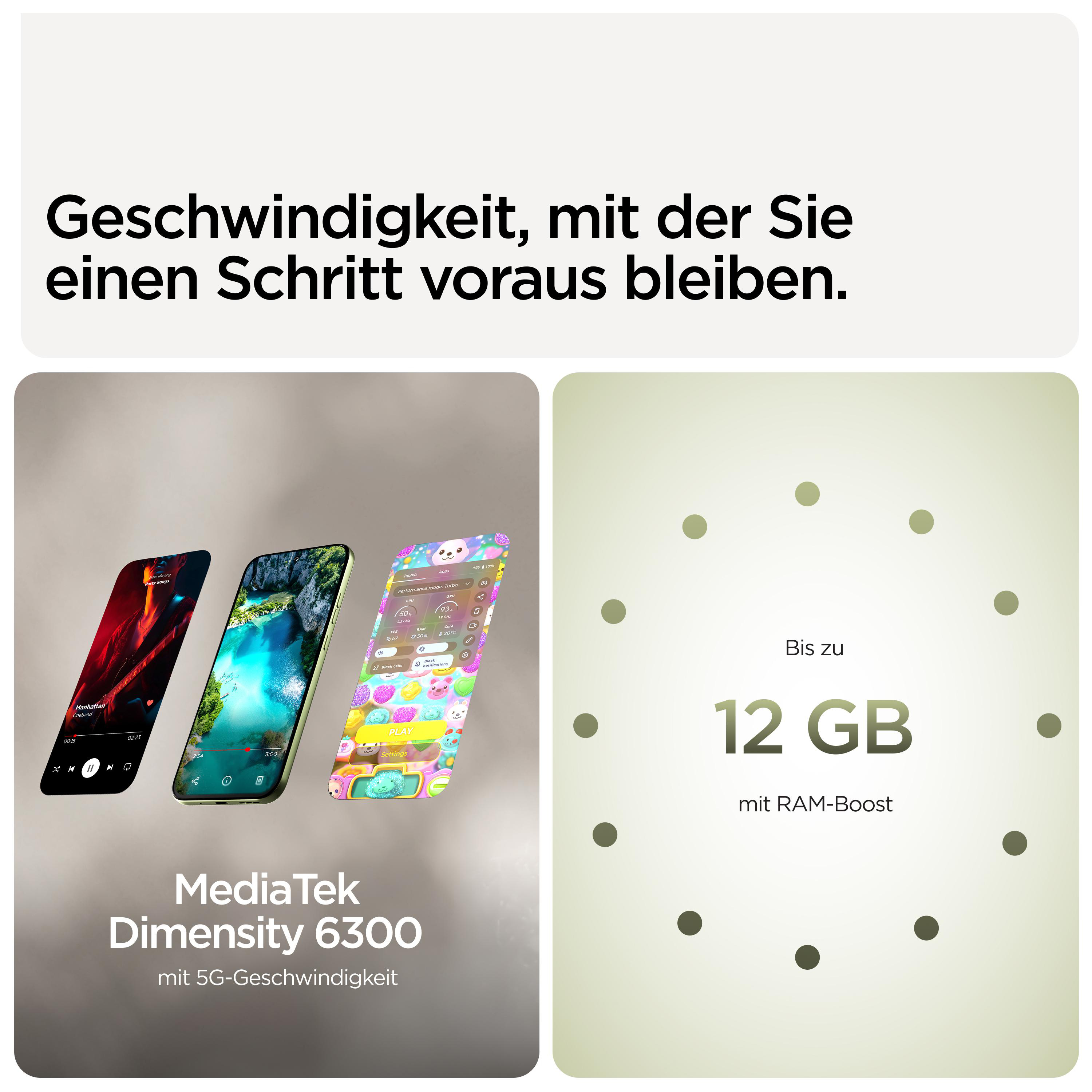 Drei Smartphones zeigen Apps und Spezifikationen. Eines hat 12 GB RAM.
