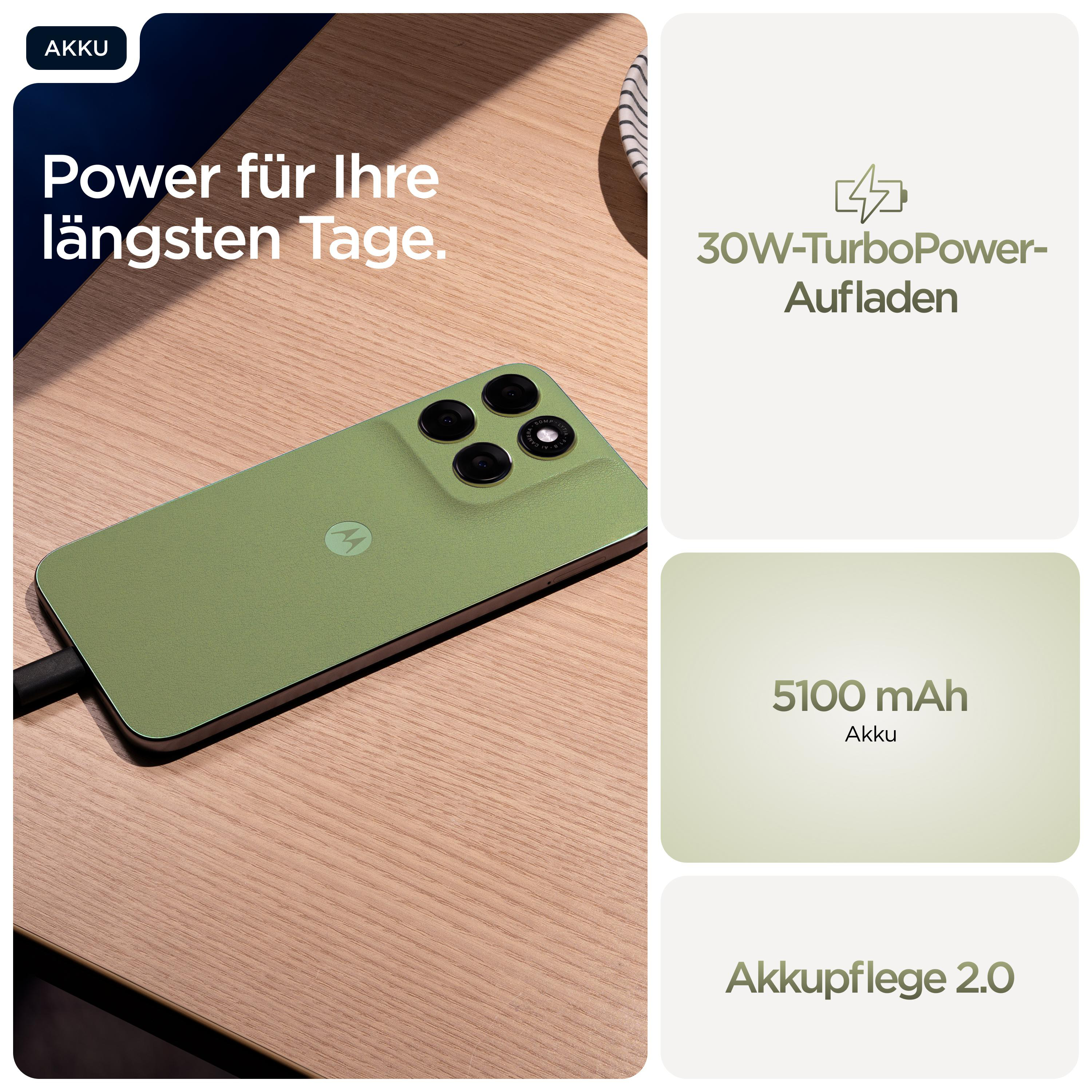 Grünes Smartphone mit Ladekabel, 30W-Aufladen, 5100 mAh Akku.