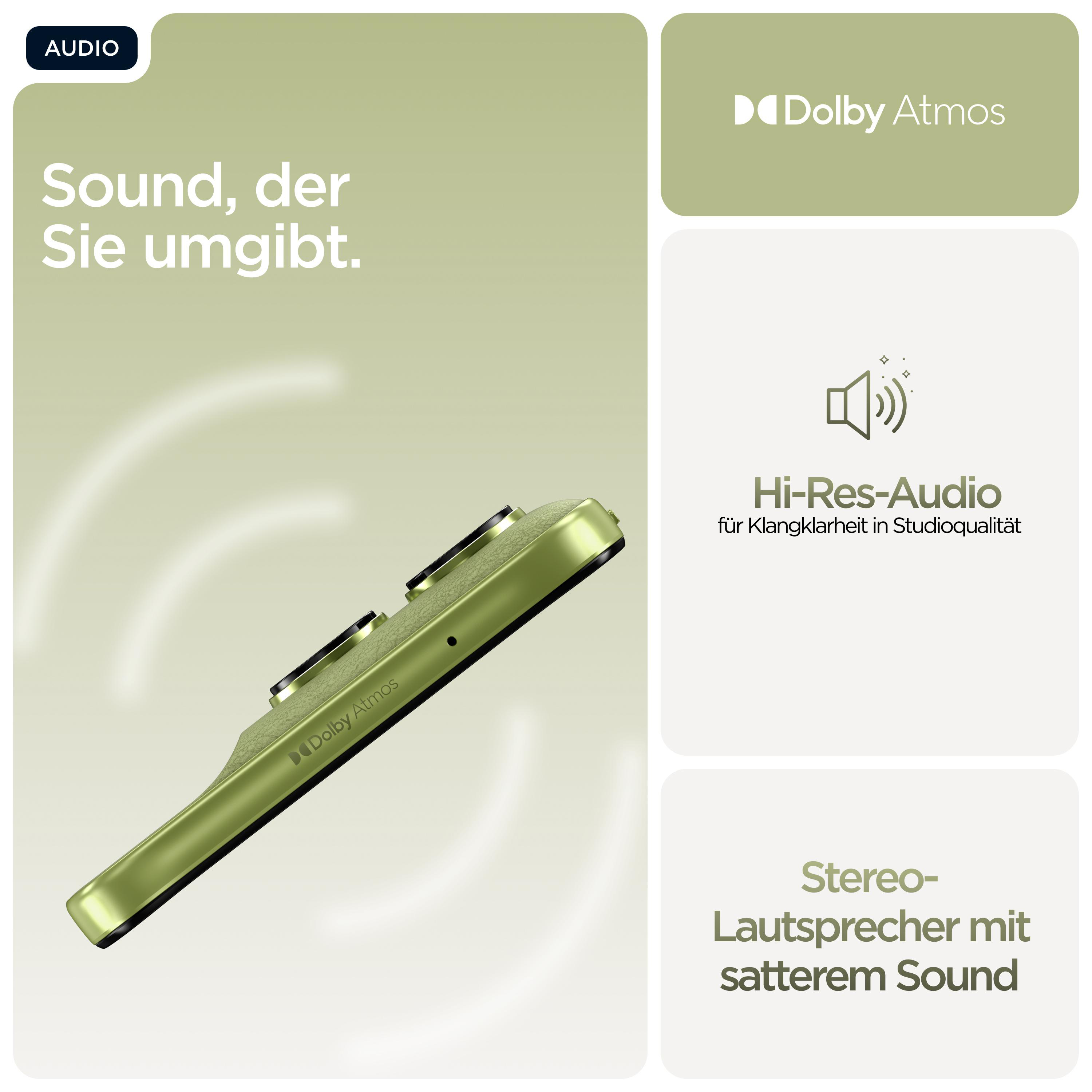 Ein grünes Smartphone mit Dolby Atmos und Hi-Res-Audio-Logo.