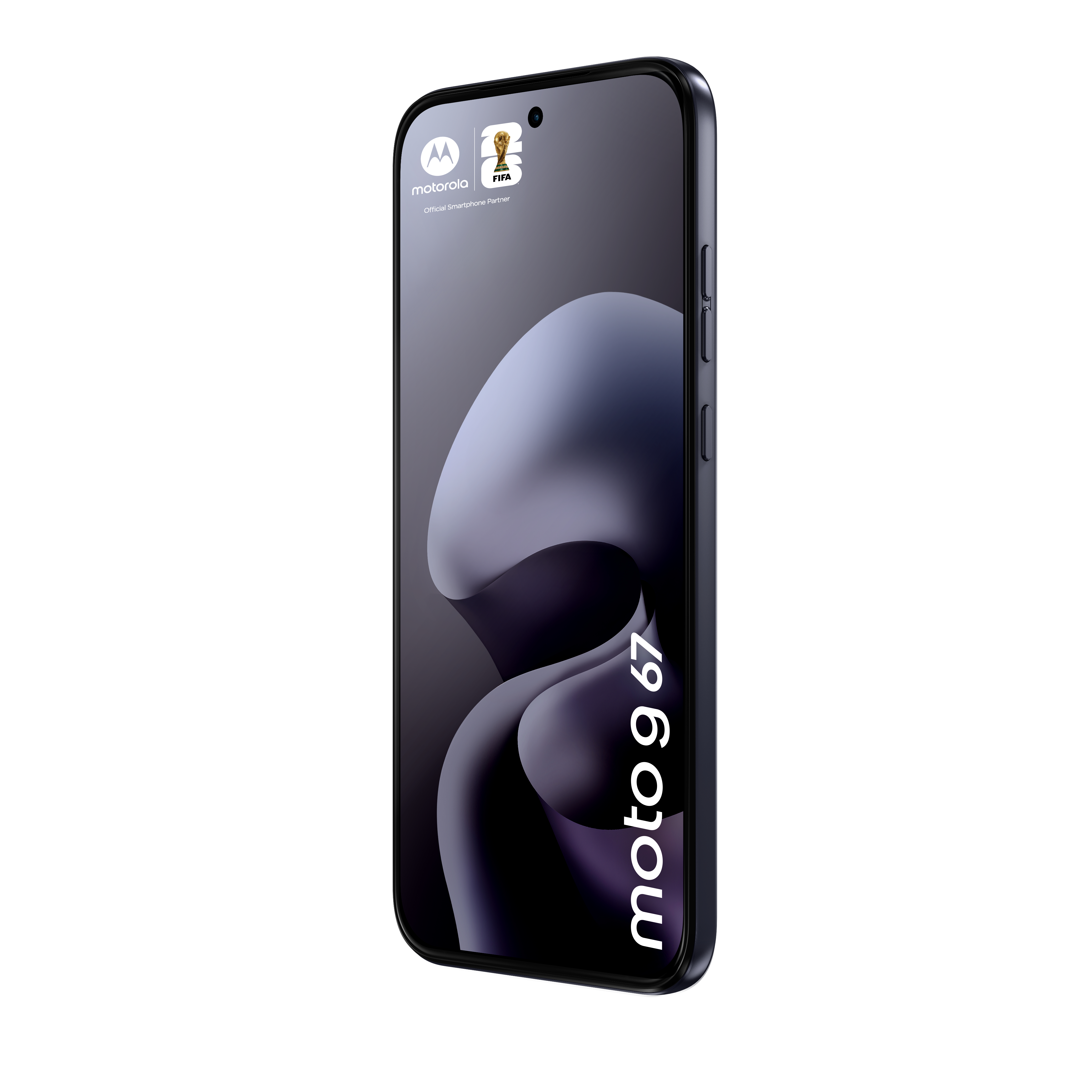 Ein dunkles Motorola Moto G 67 Smartphone mit FIFA-Logo auf dem Bildschirm.