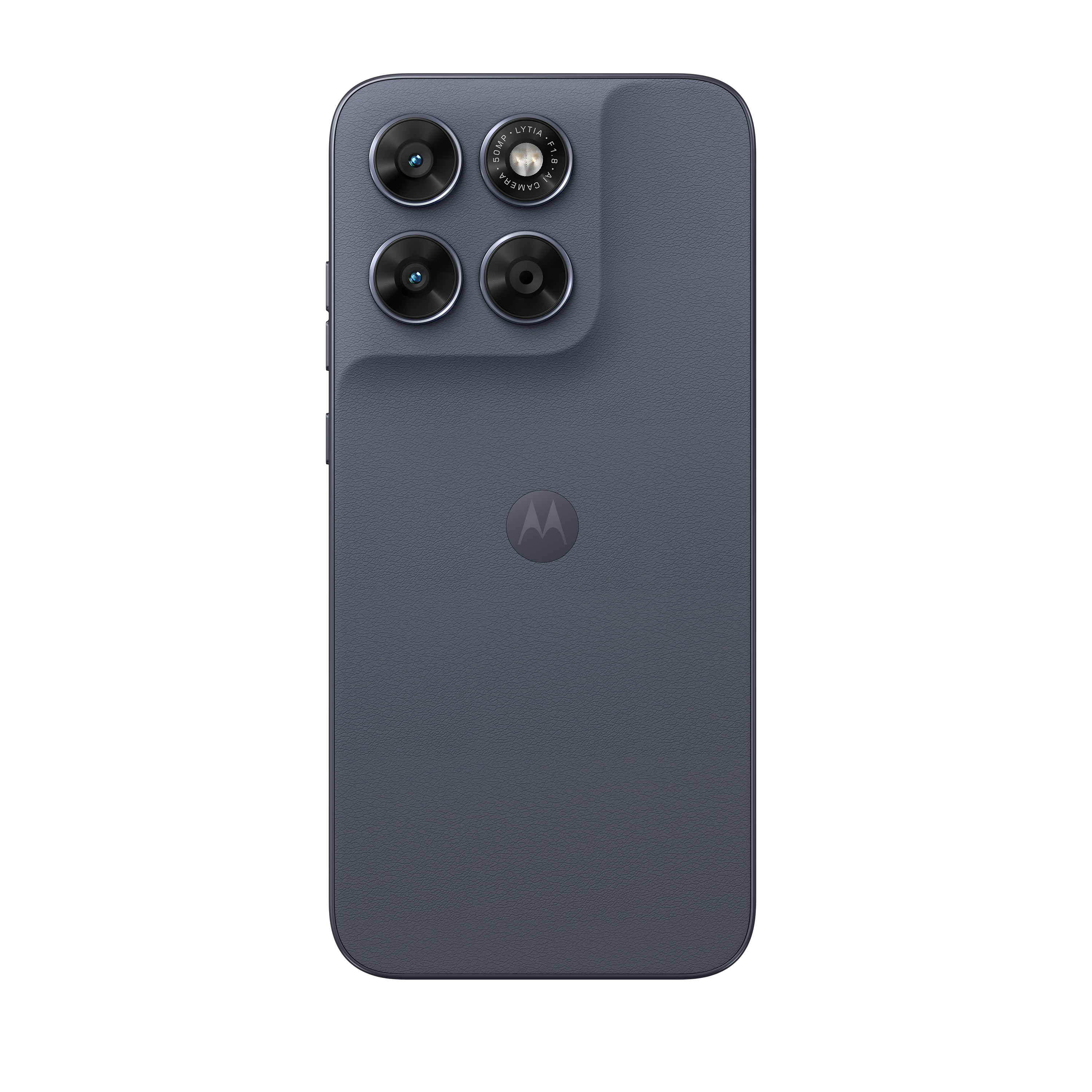 Dunkelgraues Smartphone mit vier Kameralinsen und Motorola-Logo.