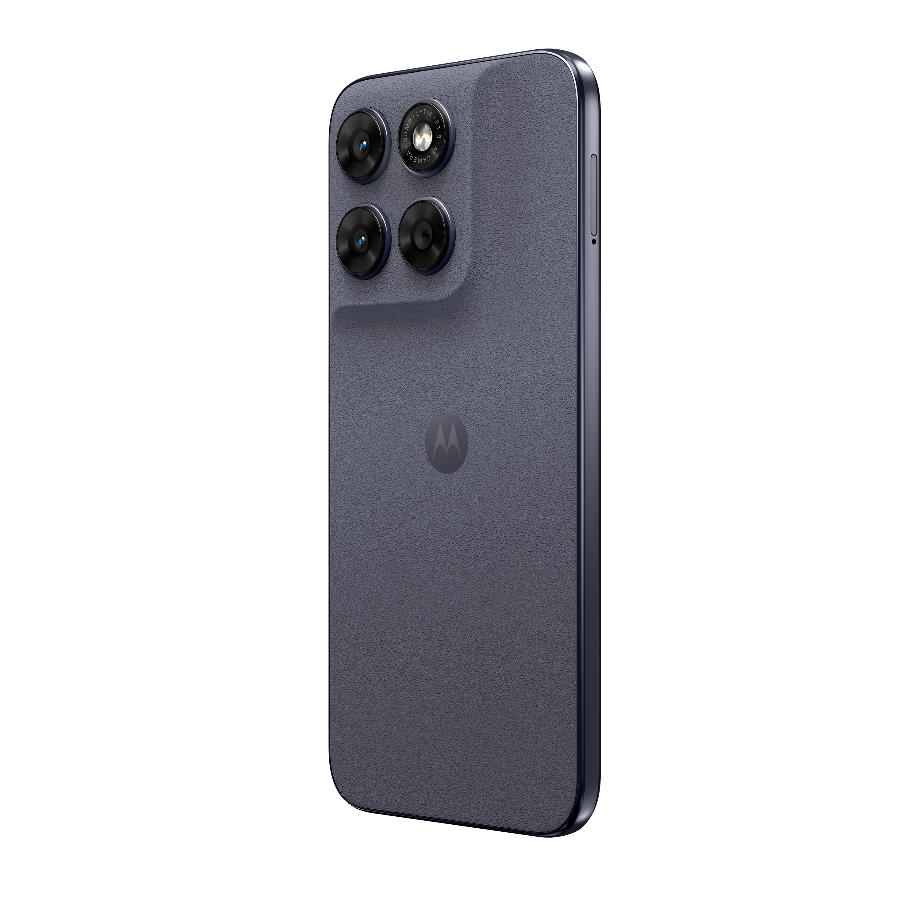 Rückseite eines dunkelgrauen Smartphones mit vier Kameras und Motorola-Logo.