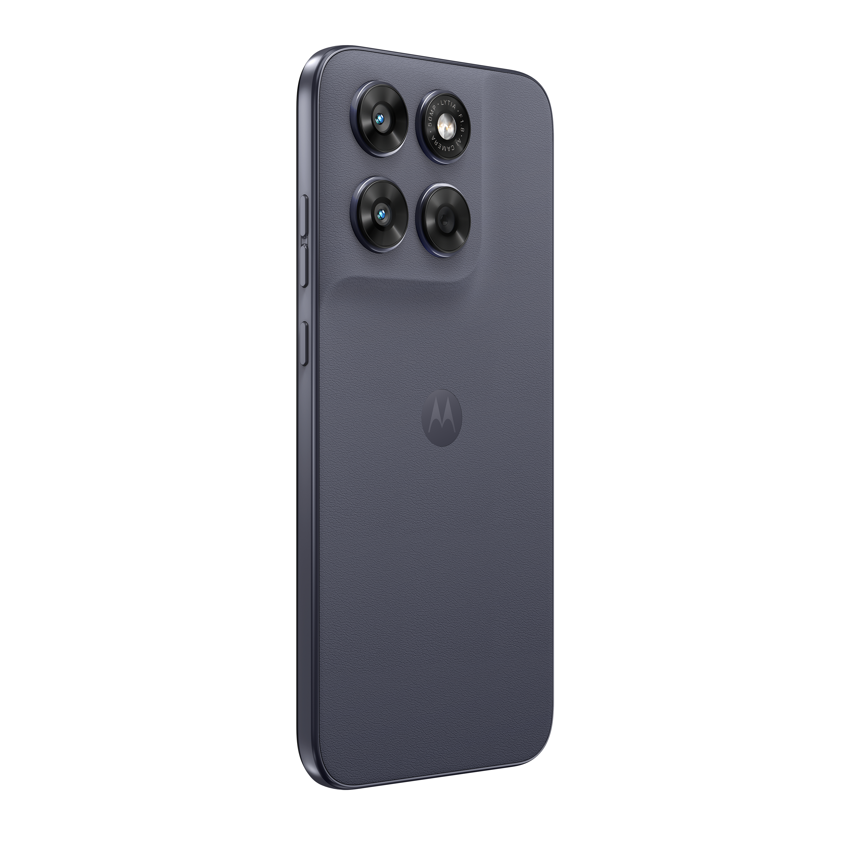 Dunkelgraues Smartphone mit vier Kameras und Motorola-Logo auf der Rückseite.