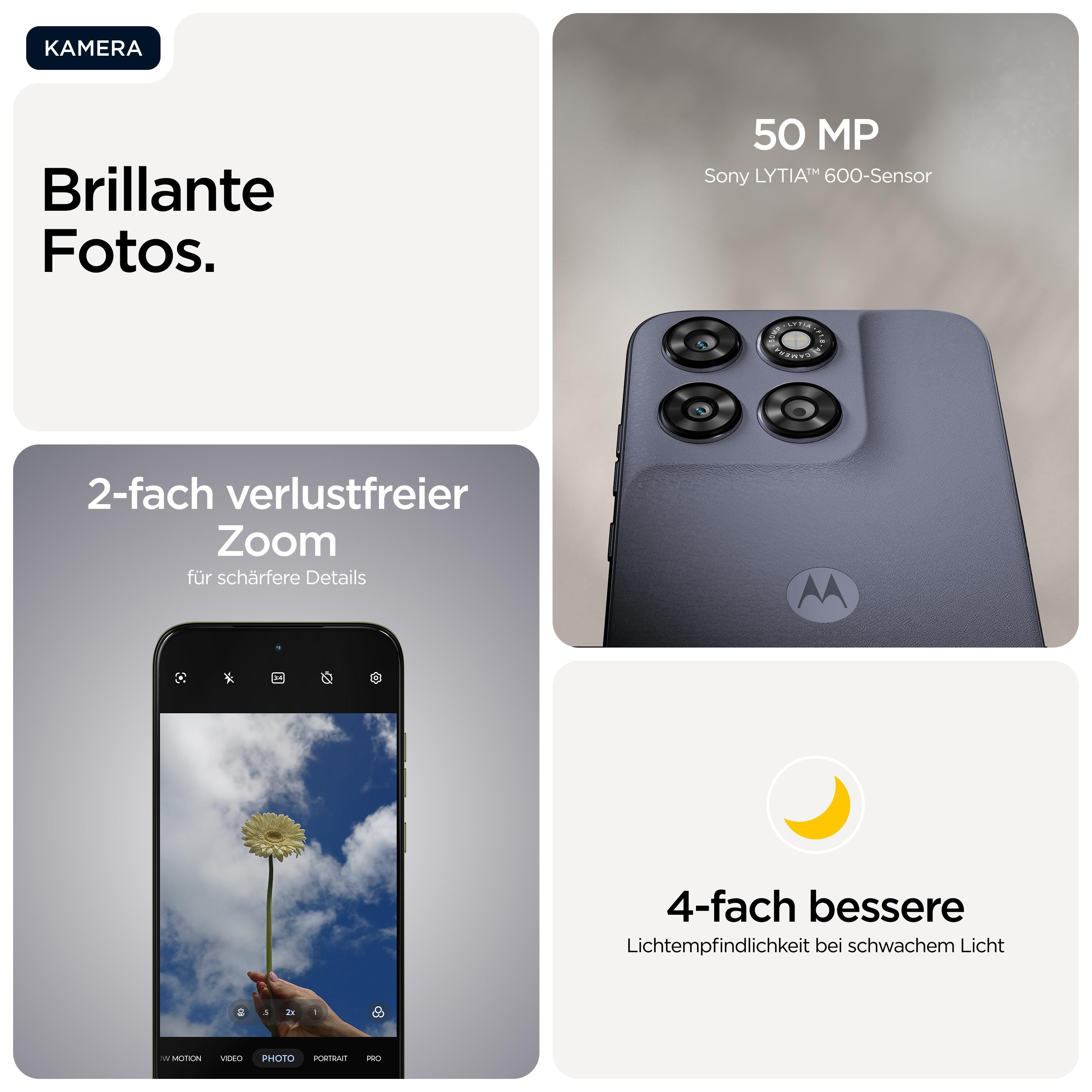 Telefonkamera-Anzeige mit Fokus auf 50 MP, Zoom und Nachtmodus.