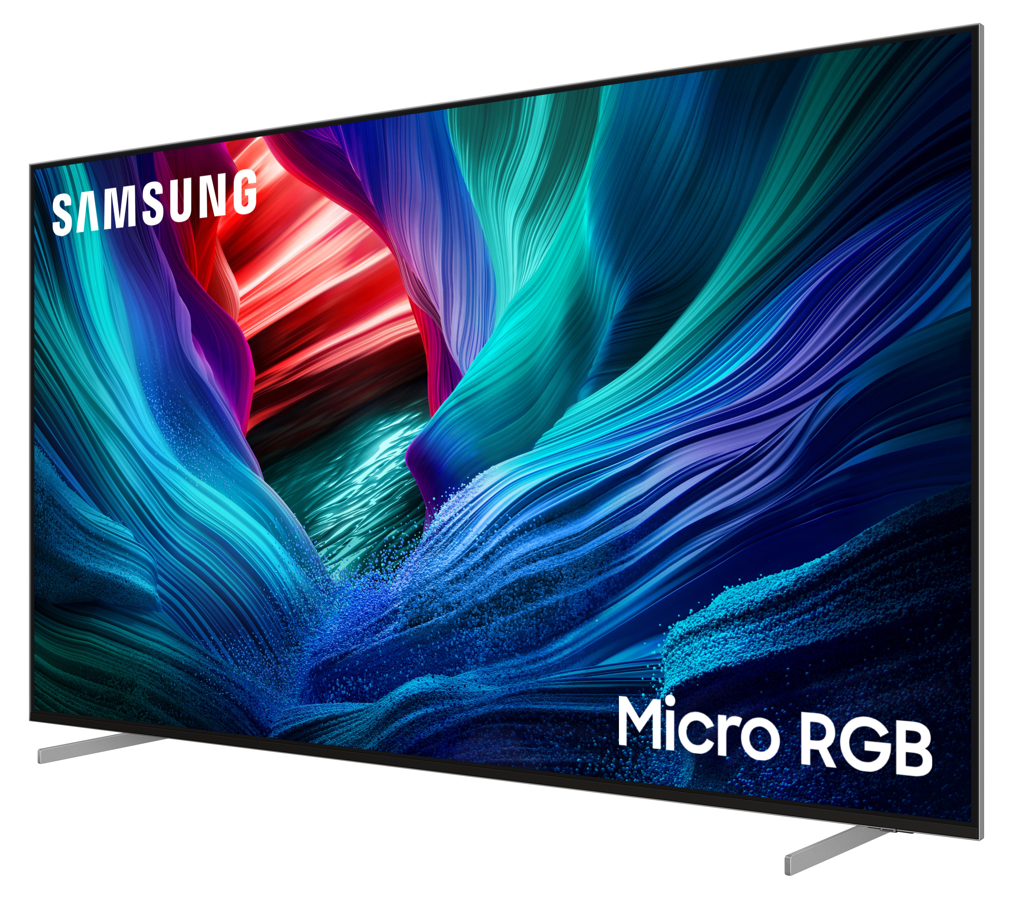 Telewizor Samsung Micro RGB z kolorowym, abstrakcyjnym tłem.