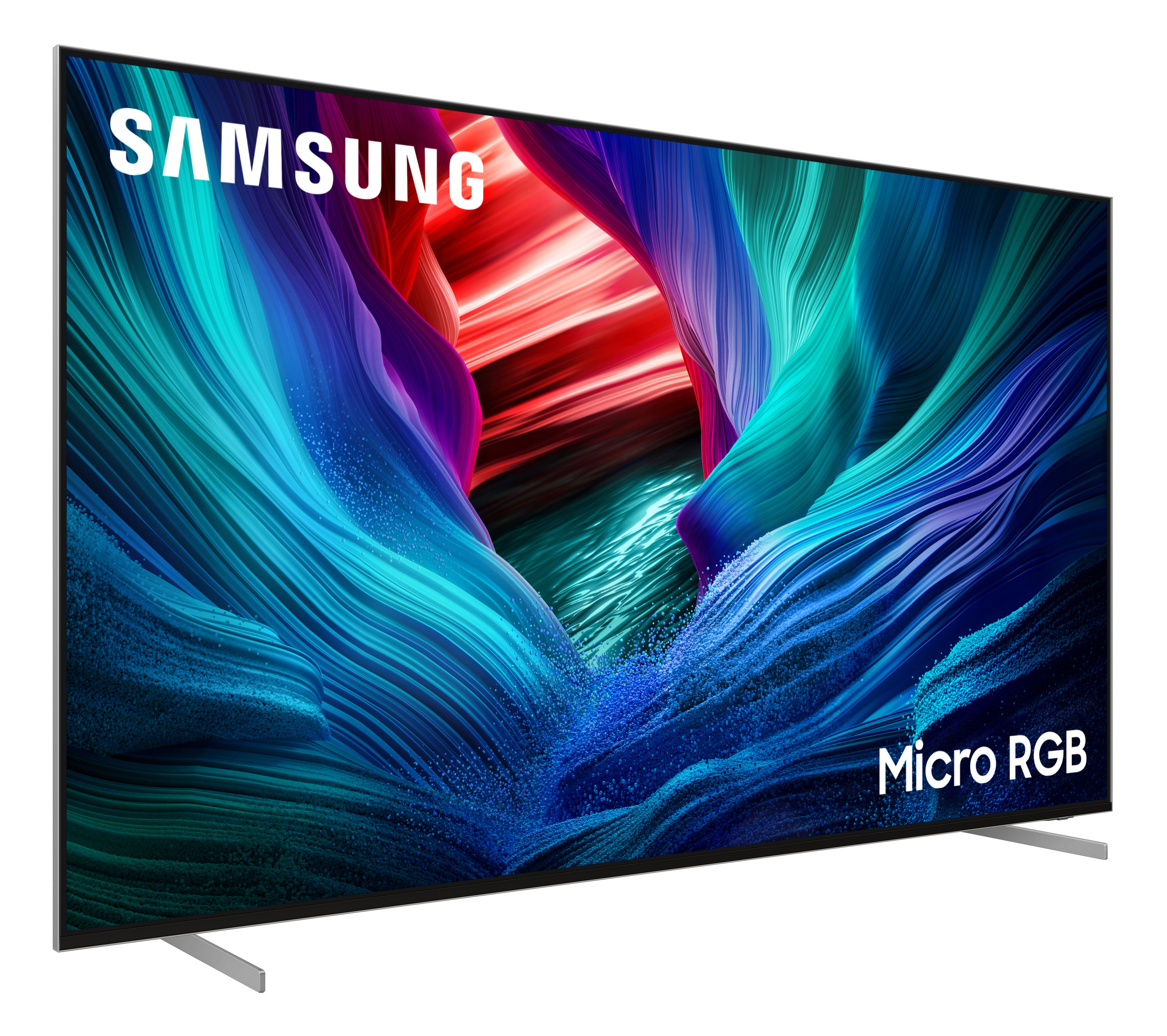 Telewizor Samsung z kolorową, abstrakcyjną tapetą i napisem Micro RGB.