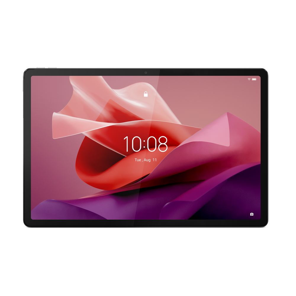 Czarny tablet wyświetla kolorową tapetę z godziną 10:08.