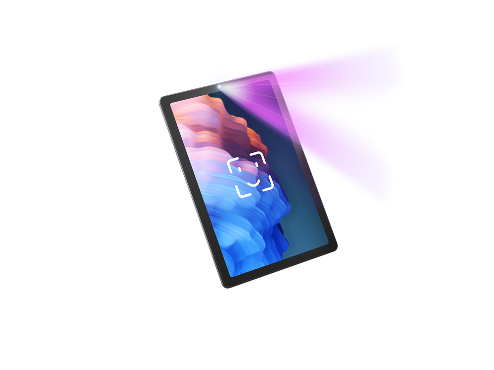 Tablet z kolorową tapetą falistą i fioletowymi efektami świetlnymi.