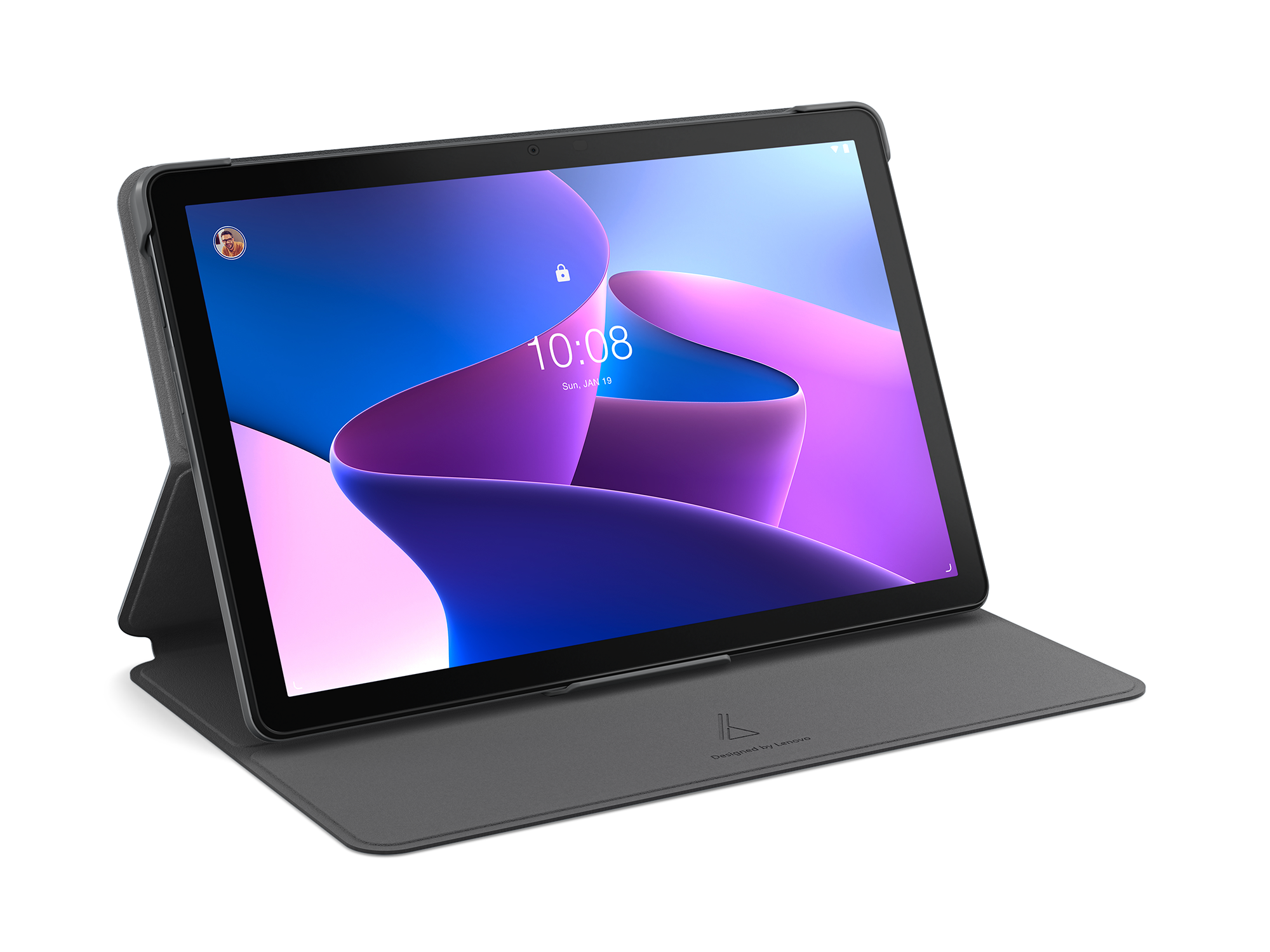 Szary tablet z podstawką i kolorową tapetą ekranu blokady.