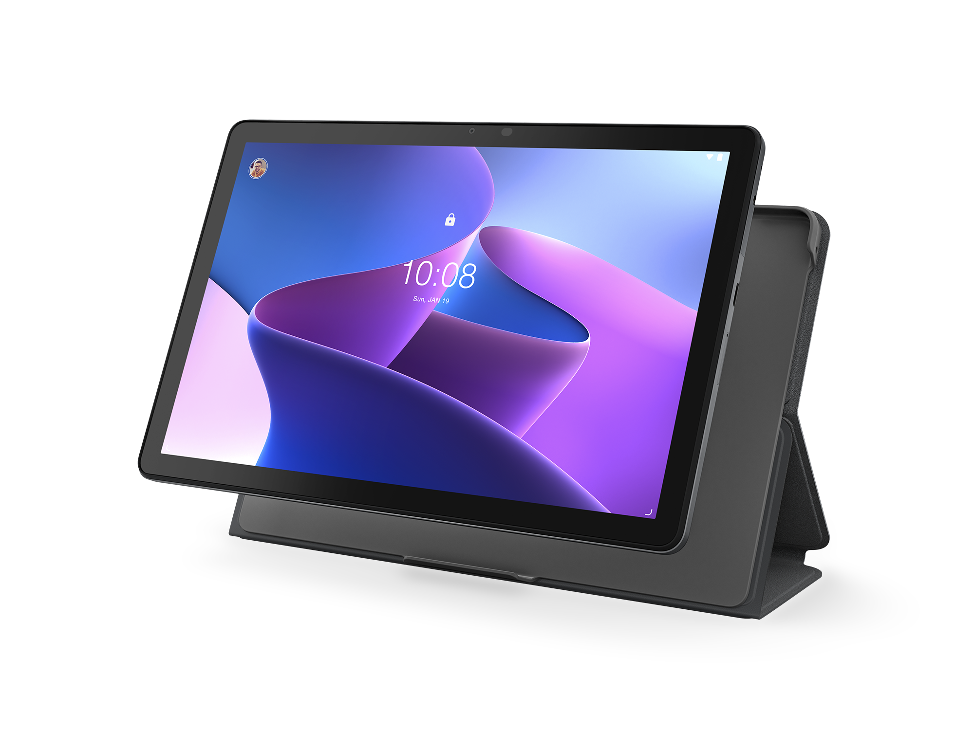 Szary tablet z kolorowym ekranem blokady, oparty na podstawce.