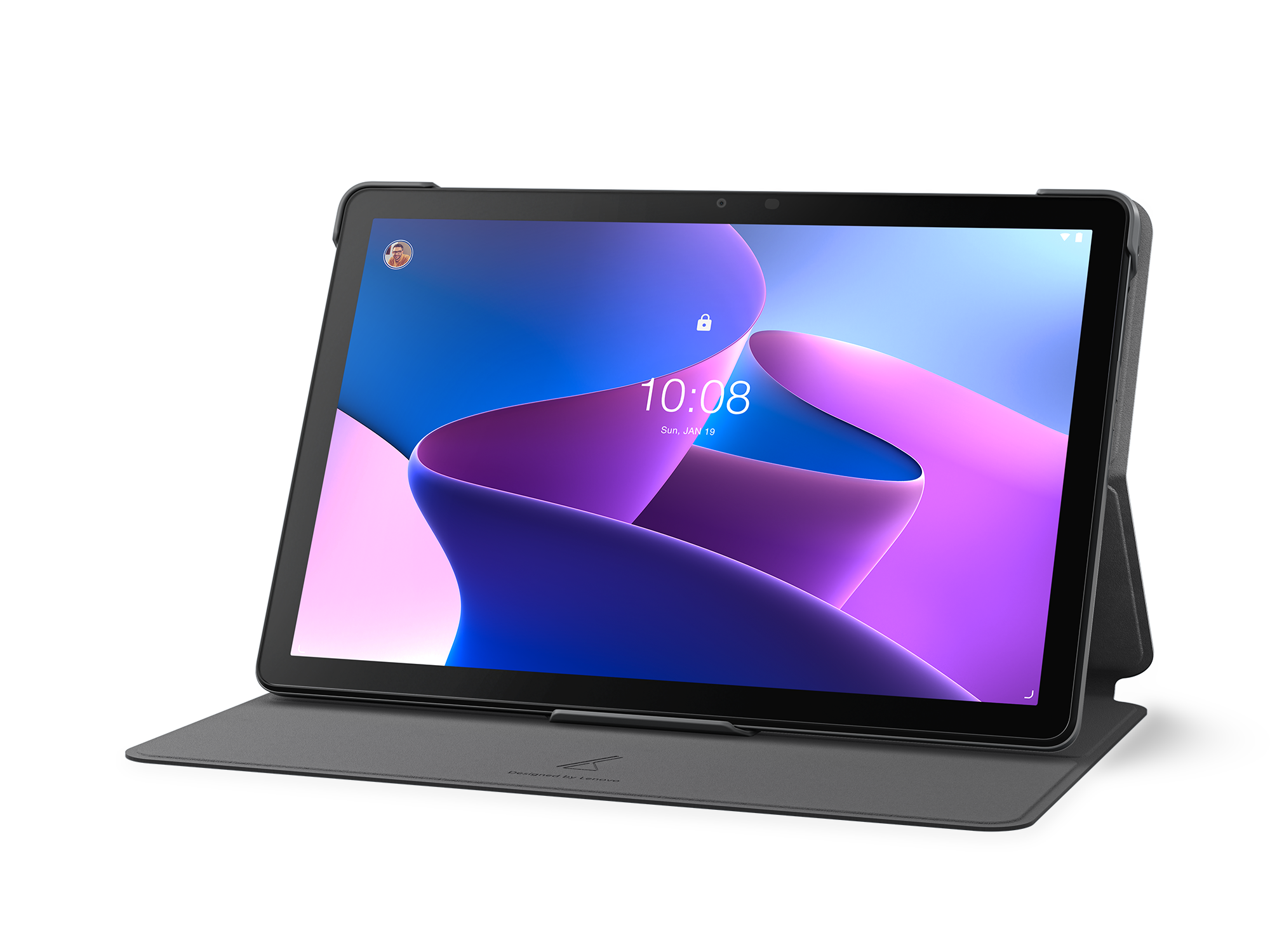 Szary tablet z etui, na czarnym tle.