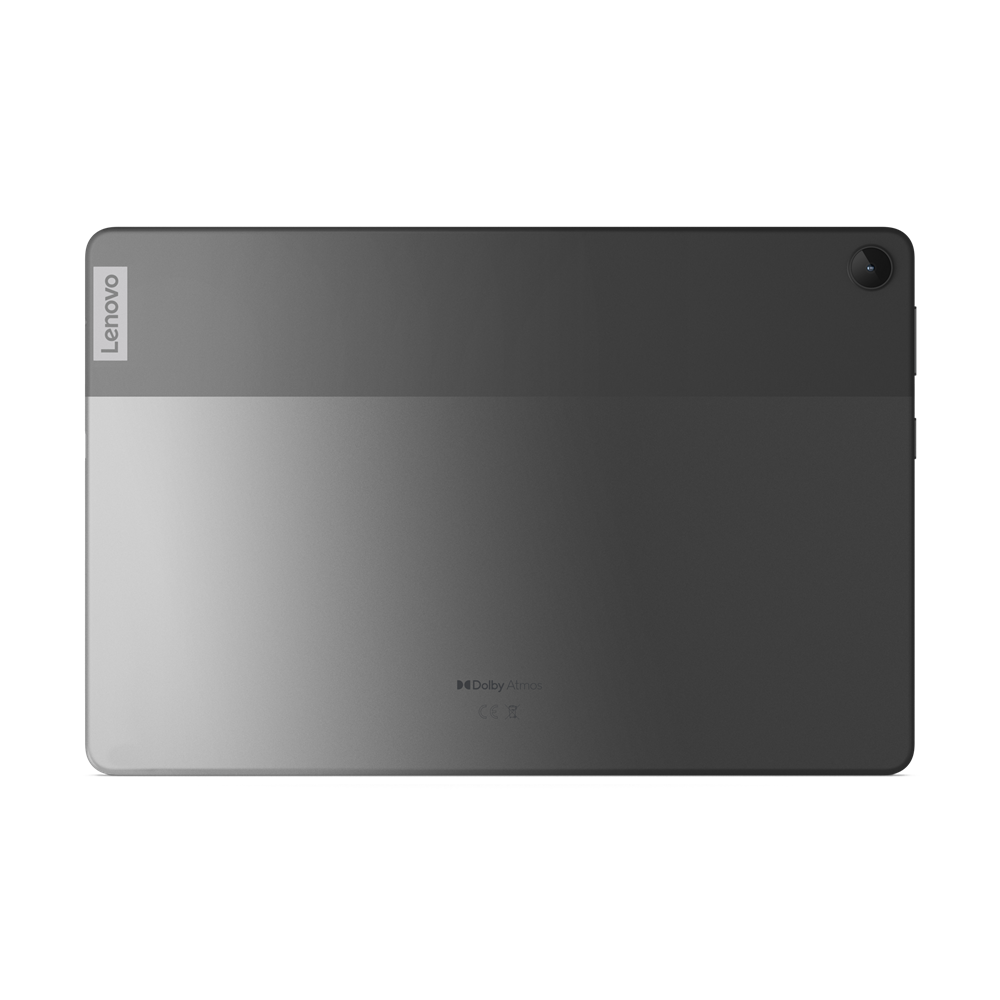 Tył szarego tabletu Lenovo z aparatem i logo Dolby Atmos.