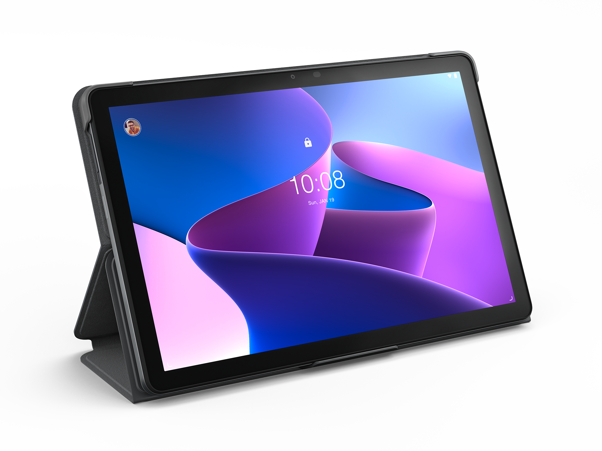 Tablet w ciemnej obudowie ze stojakiem. Na ekranie godzina 10:08.