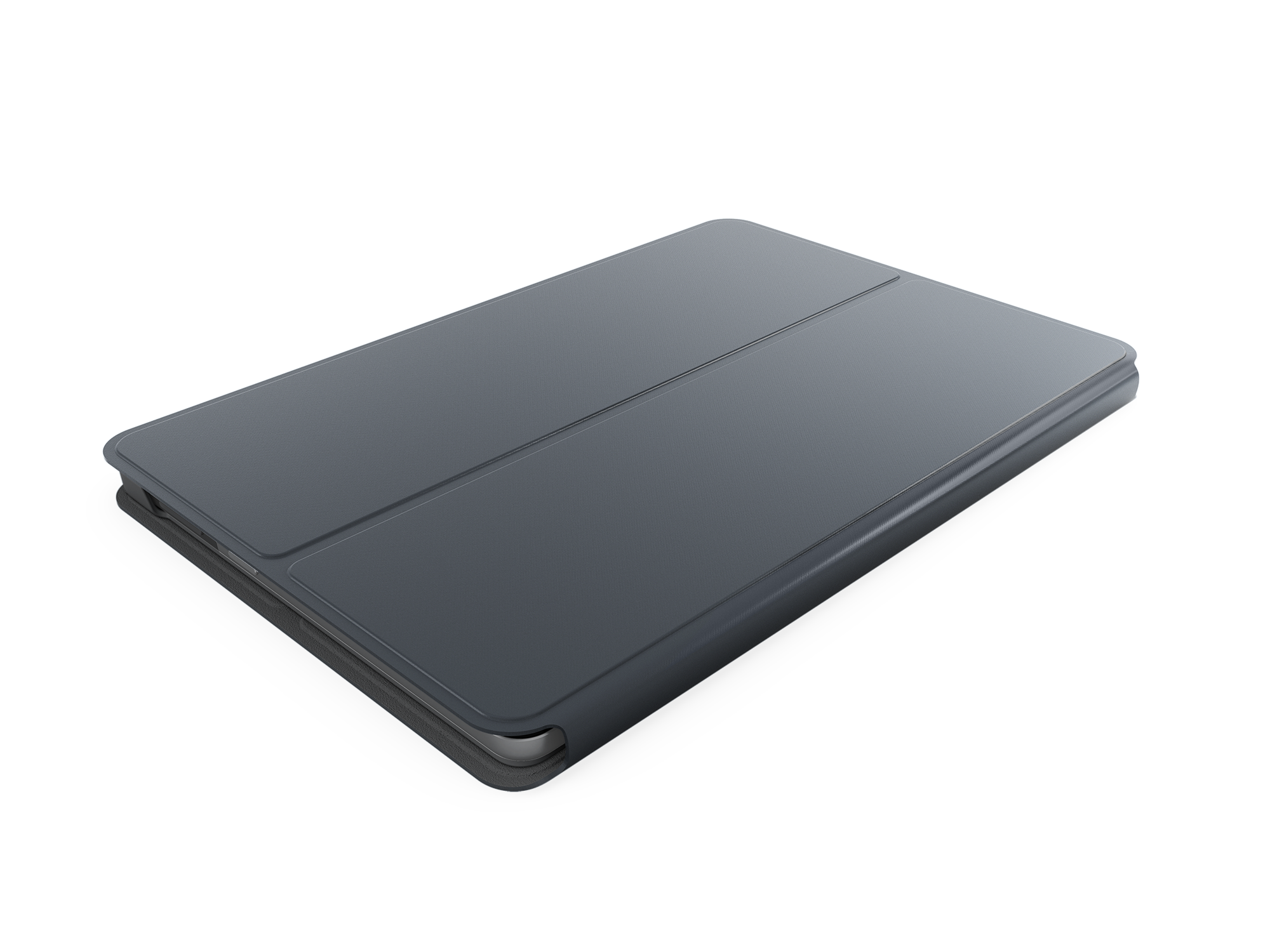 Szara okładka na tablet z dwoma zagięciami, na czarnym tle.