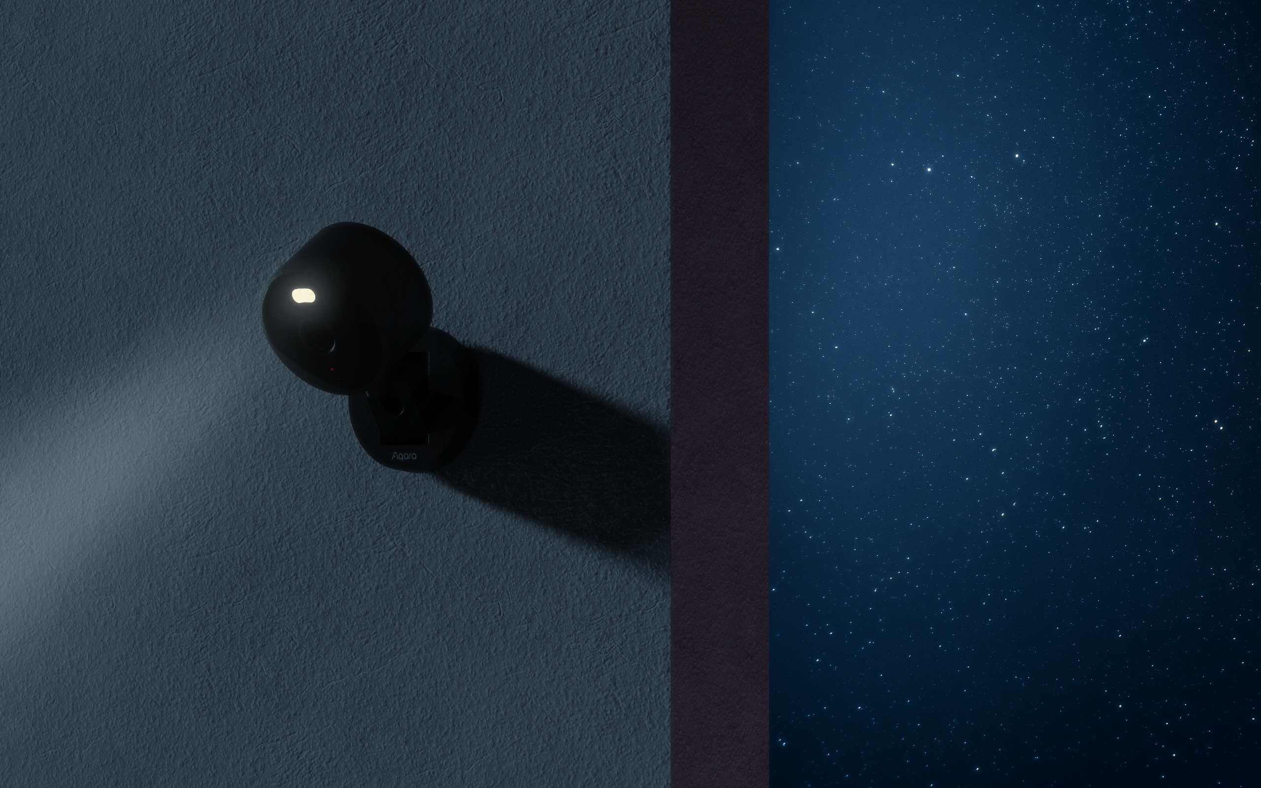 Eine schwarze Kamera leuchtet auf einer Wand, neben einem Sternenhimmel.