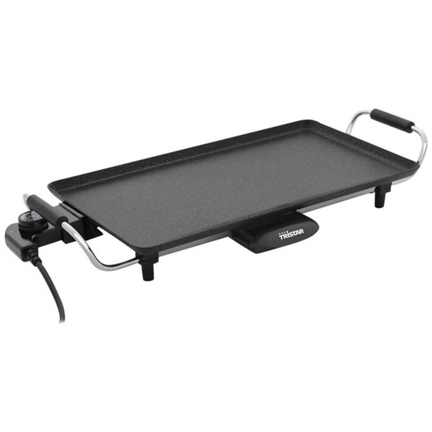 Une plancha électrique rectangulaire avec poignées argentées et cordon noir.