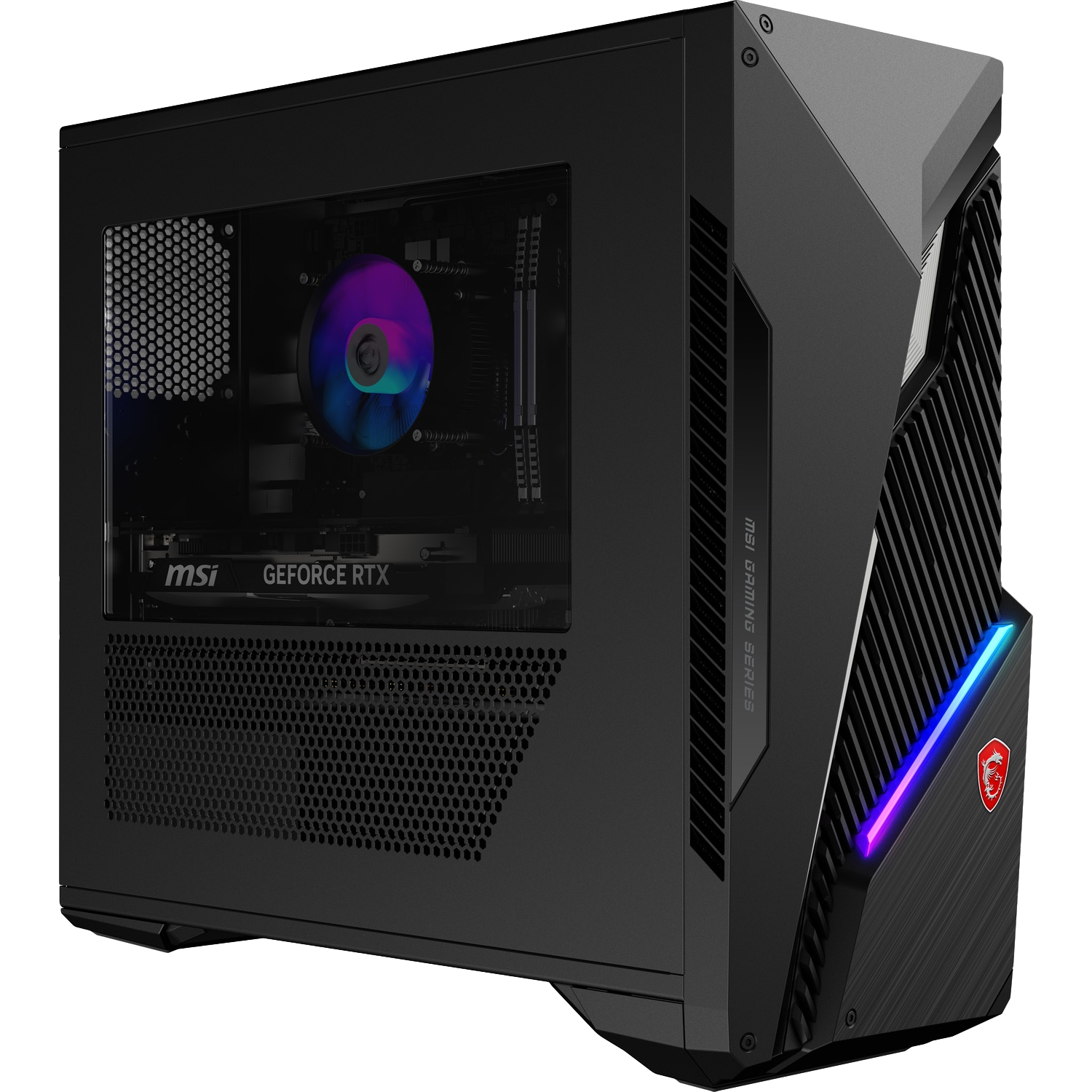 Zwarte gaming pc met RGB-ventilator, GeForce RTX en verlichte accenten.