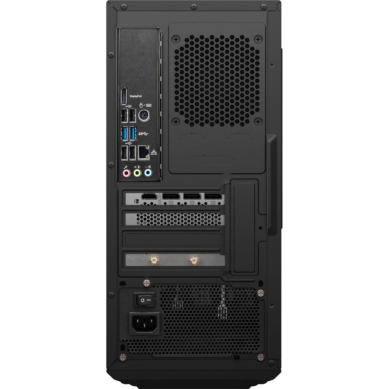 Achterkant van een zwarte computerkast met poorten en ventilatieroosters.