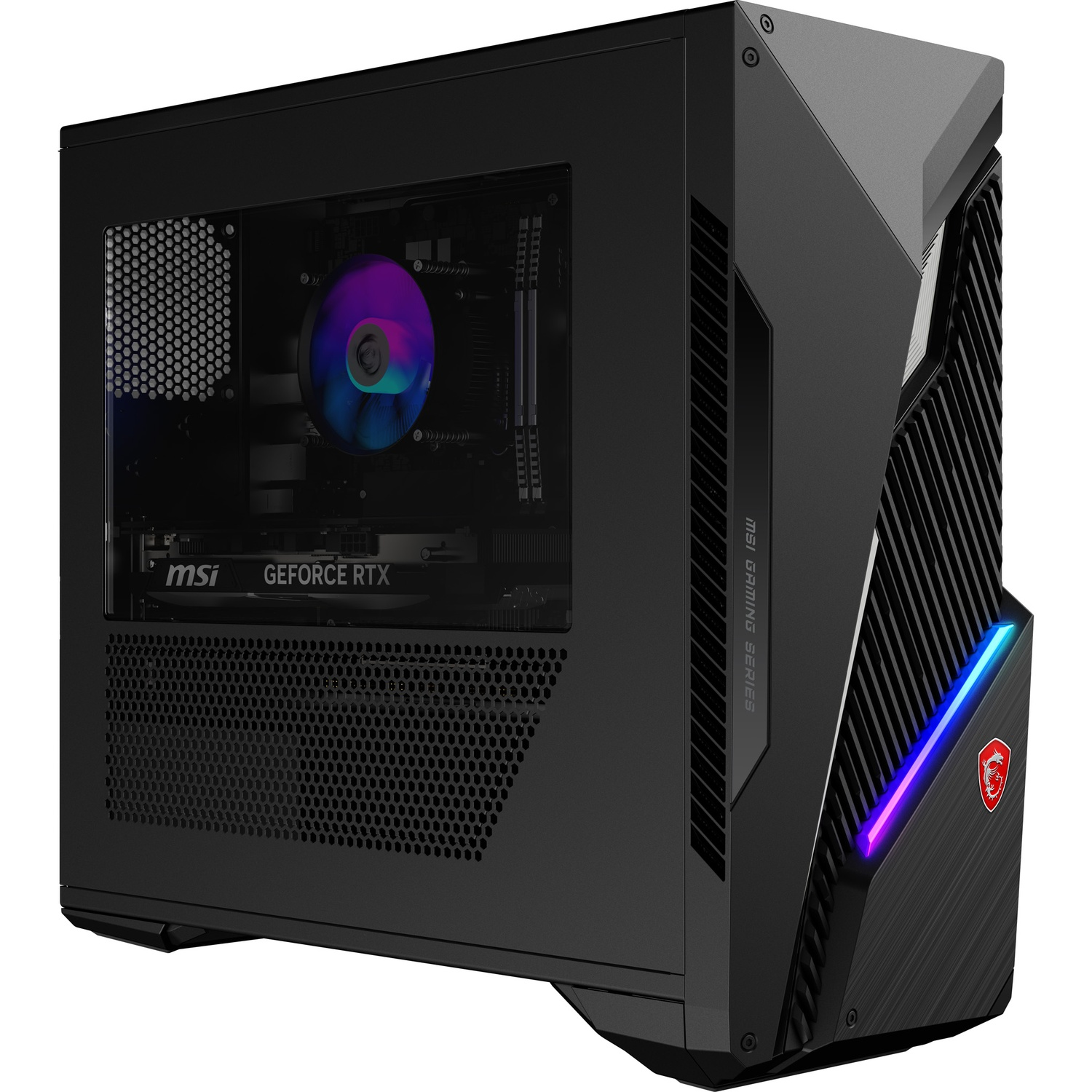PC gamer noir avec ventilateur éclairé et bandes lumineuses RVB.