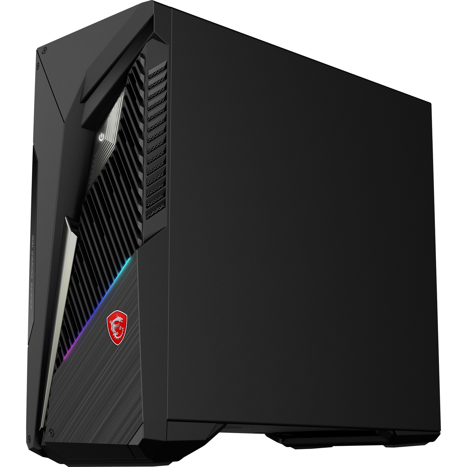 PC gamer noir avec logo MSI et éclairage RVB sur le panneau avant.