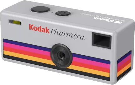 Szürke Kodak Charmamera kamera színes csíkokkal és lencsével.