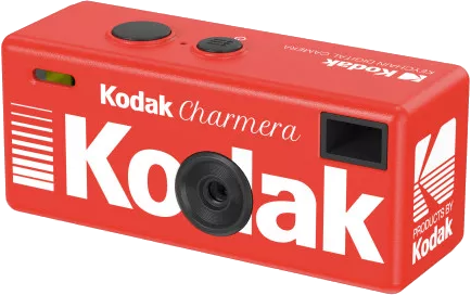 Egy piros Kodak Charmara kulcstartó digitális fényképezőgép fehér logóval.